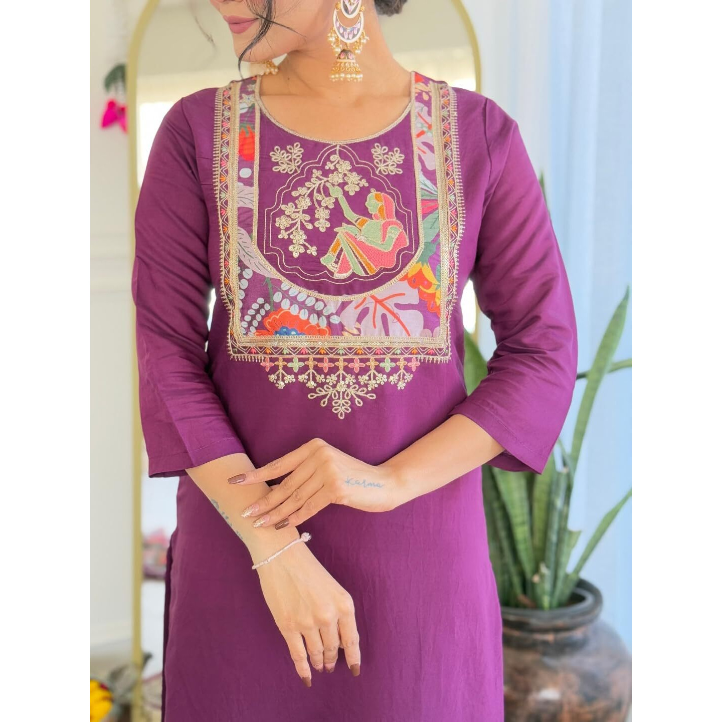 Navlik Women's Chanderi Viscose Embroidered Straight Kurta with Pant and Dupatta Sets (M-Nari) (Size Large, Color Wine)