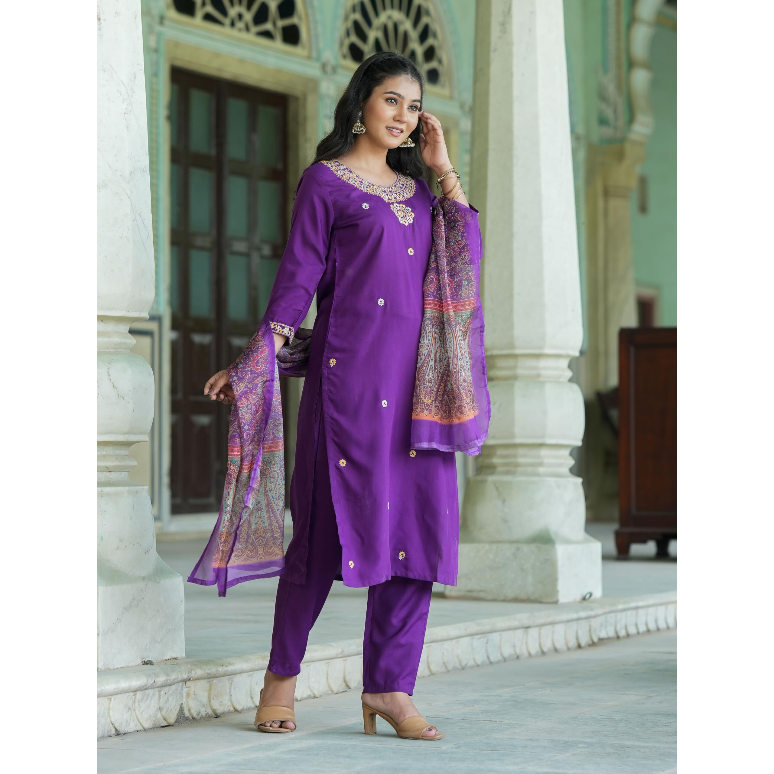 Navlik Women's Rayon Slub Embroidered Straight Kurta with Pant and Dupatta Sets (M-Nisha) (Size X-Large, Color Wine)