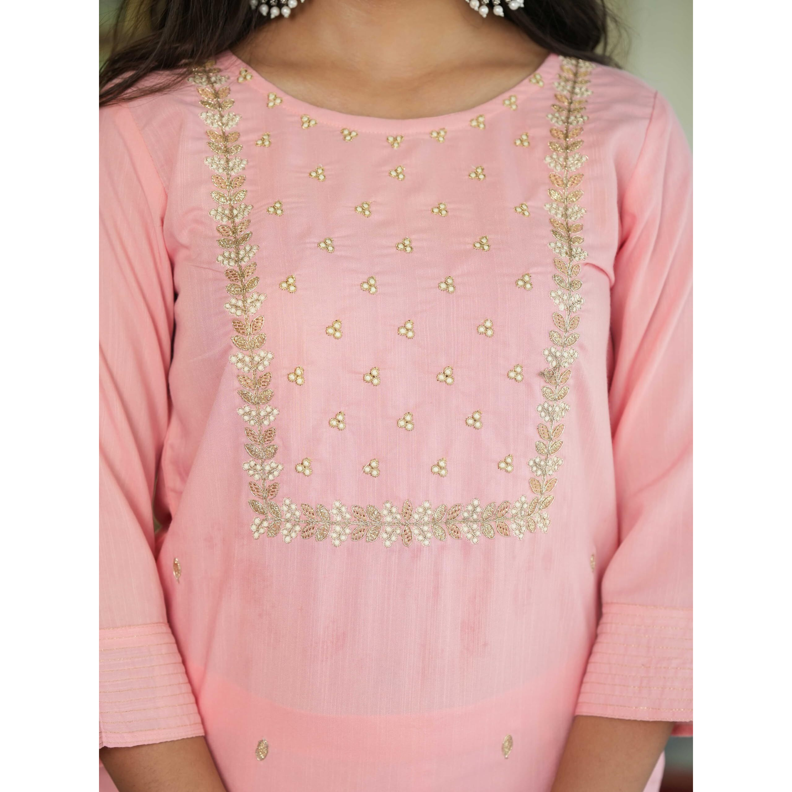 Navlik Women's Rayon Slub Embroidered Straight Kurta with Pant And Dupatta Sets (NK-Pragati) (Size X-Large, Color Peach)