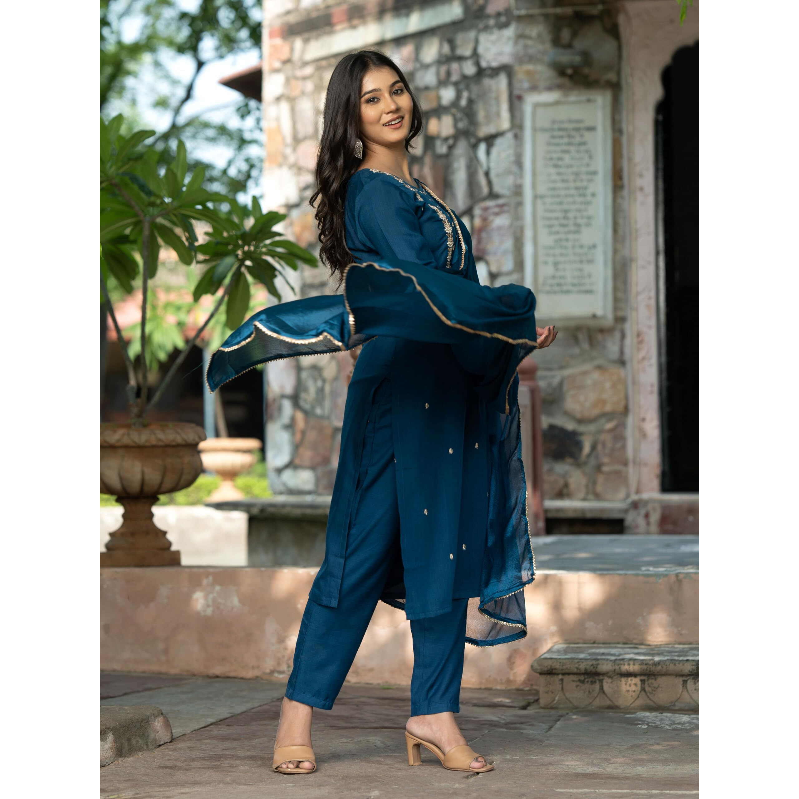 Navlik Women's Rayon Slub Embroidered Straight Kurta with Pant And Dupatta Sets (NK-Pragati) (Size XX-Large, Color Petrol)
