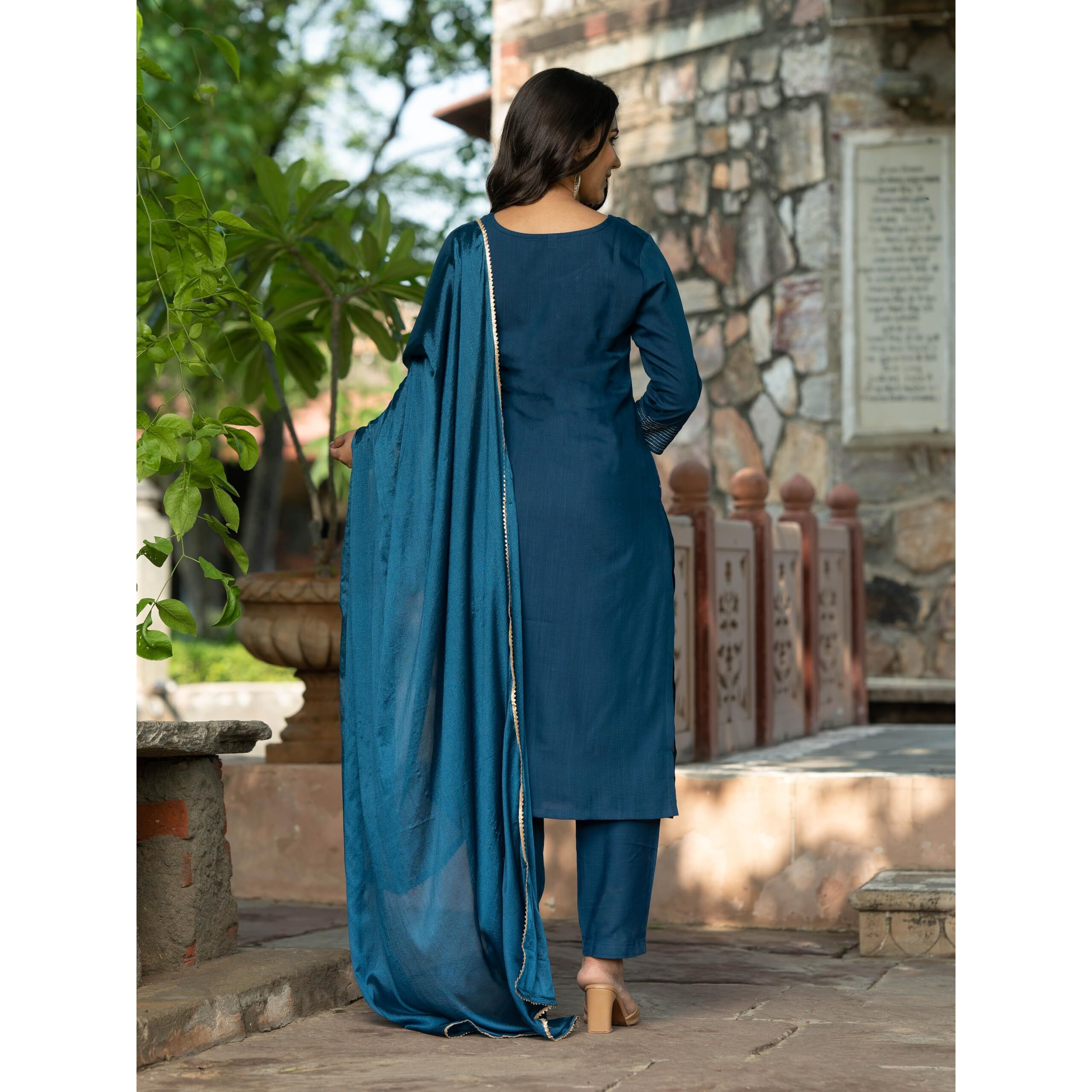Navlik Women's Rayon Slub Embroidered Straight Kurta with Pant And Dupatta Sets (NK-Pragati) (Size XX-Large, Color Petrol)