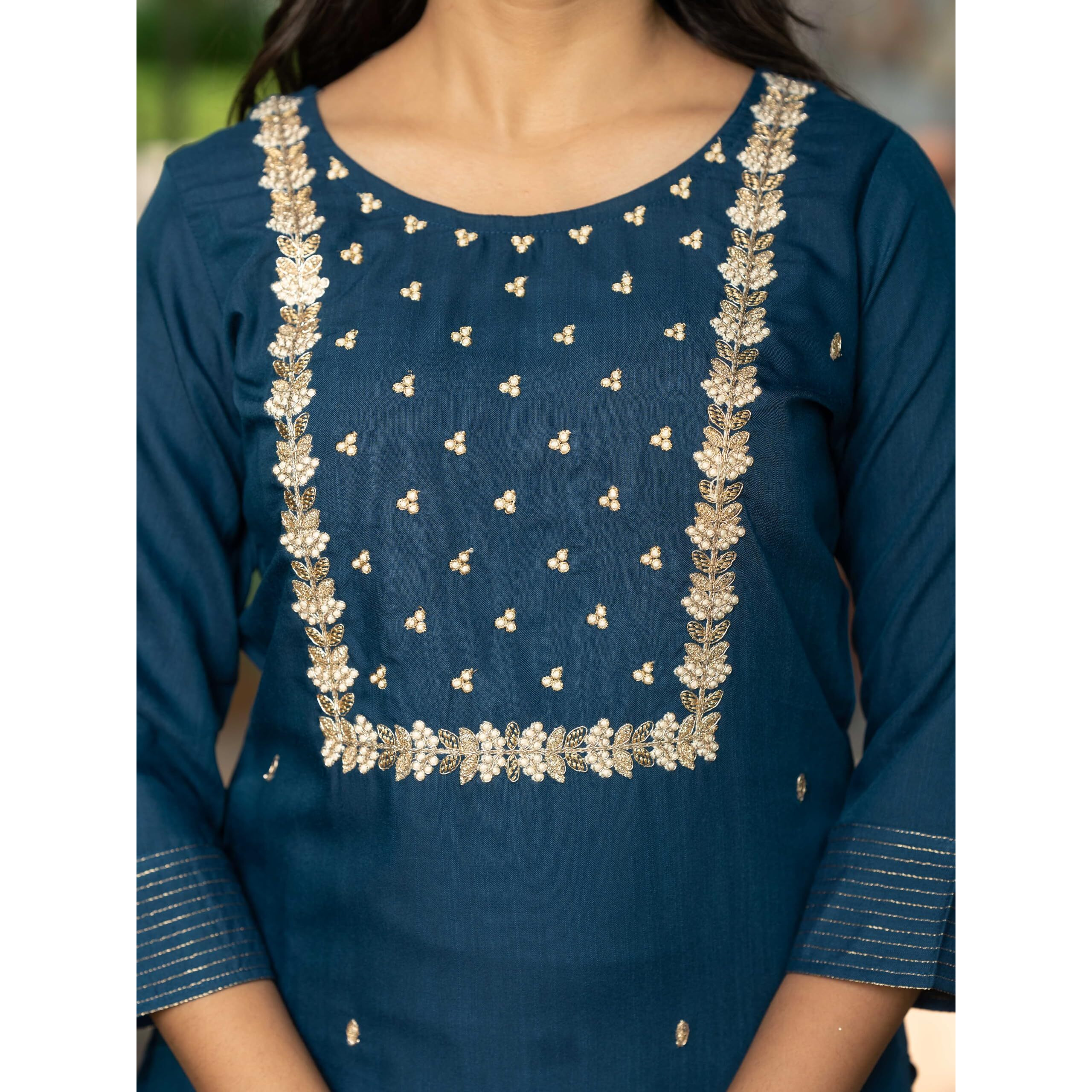 Navlik Women's Rayon Slub Embroidered Straight Kurta with Pant And Dupatta Sets (NK-Pragati) (Size XX-Large, Color Petrol)