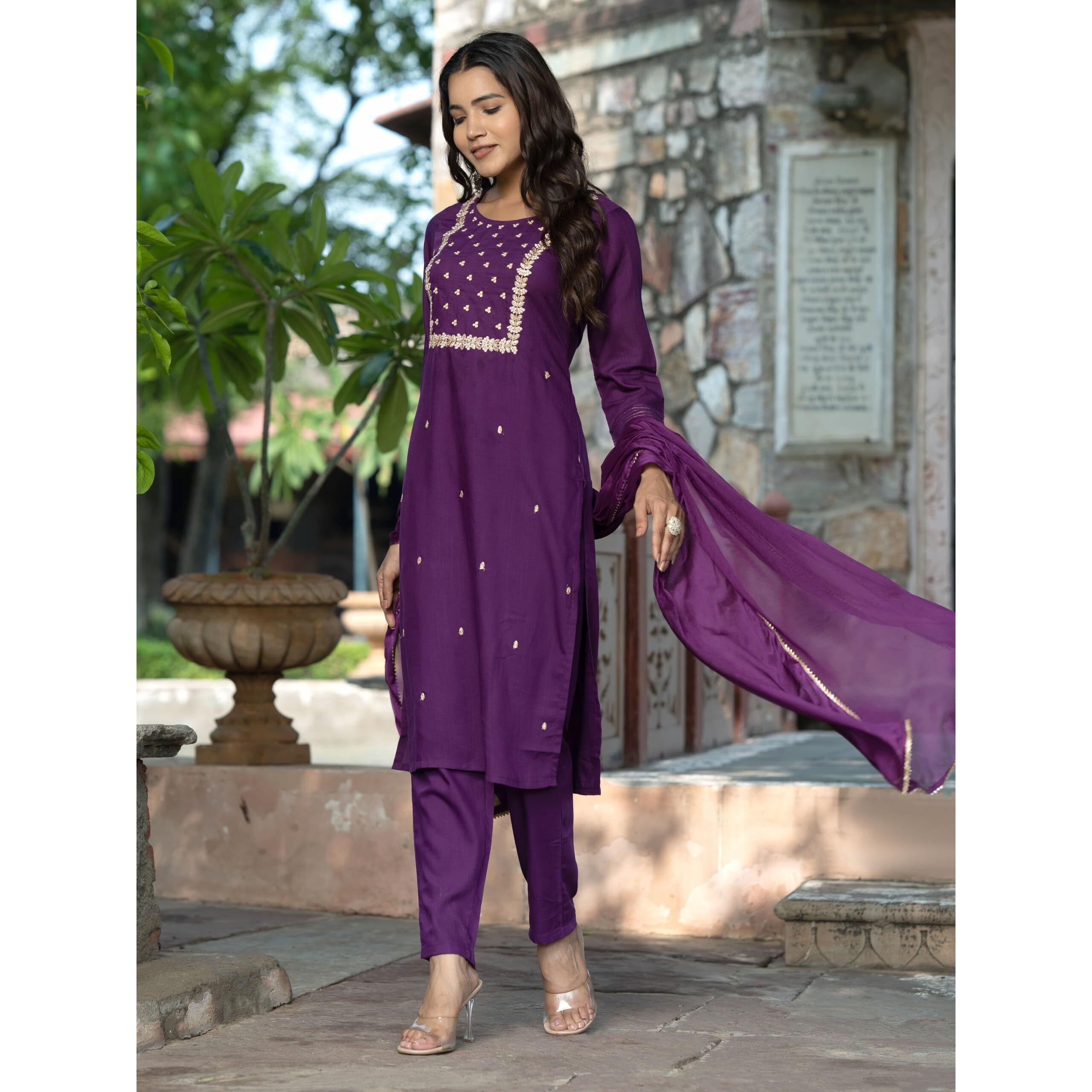 Navlik Women's Rayon Slub Embroidered Straight Kurta with Pant And Dupatta Sets (NK-Pragati) (Size Large, Color Violate)