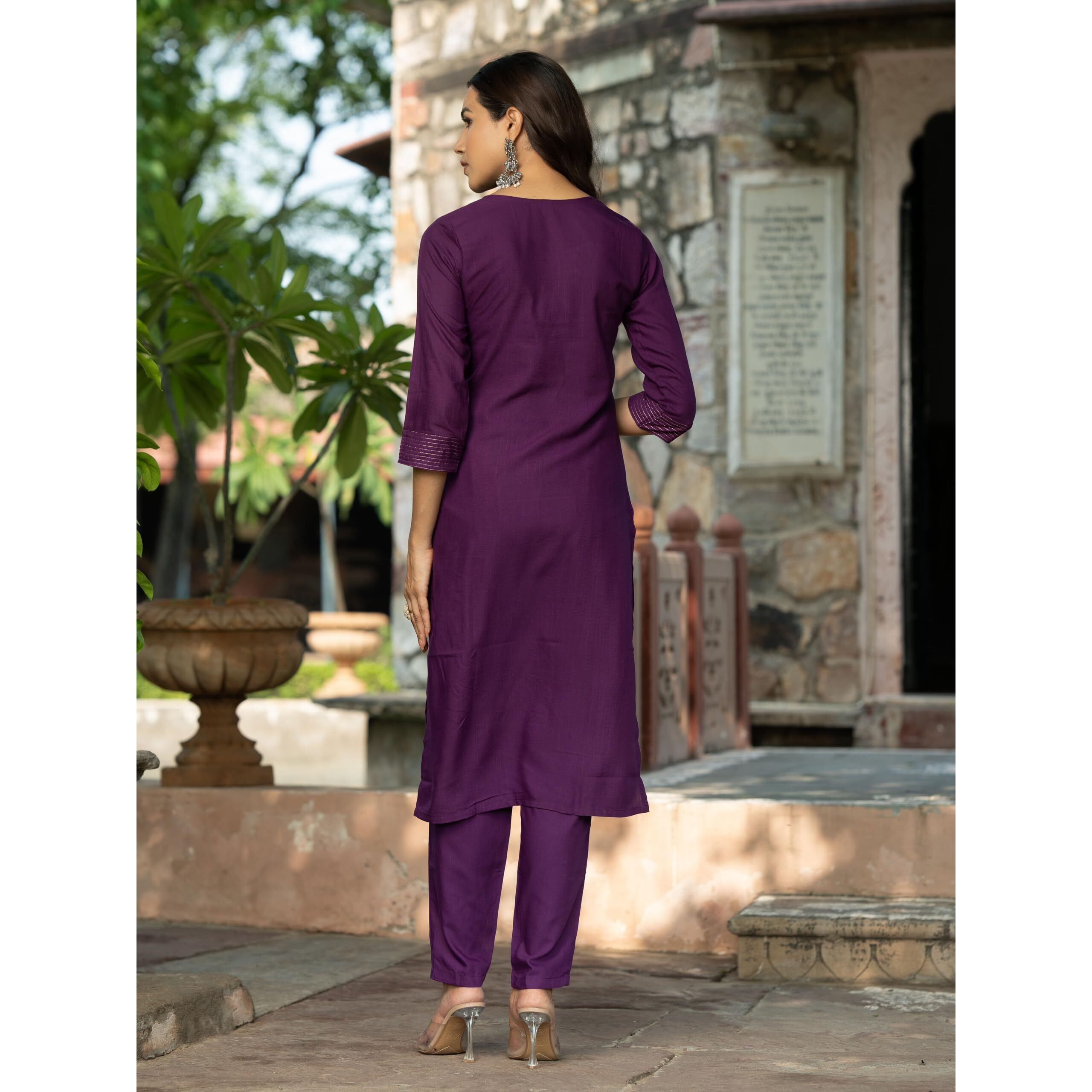 Navlik Women's Rayon Slub Embroidered Straight Kurta with Pant And Dupatta Sets (NK-Pragati) (Size Large, Color Violate)