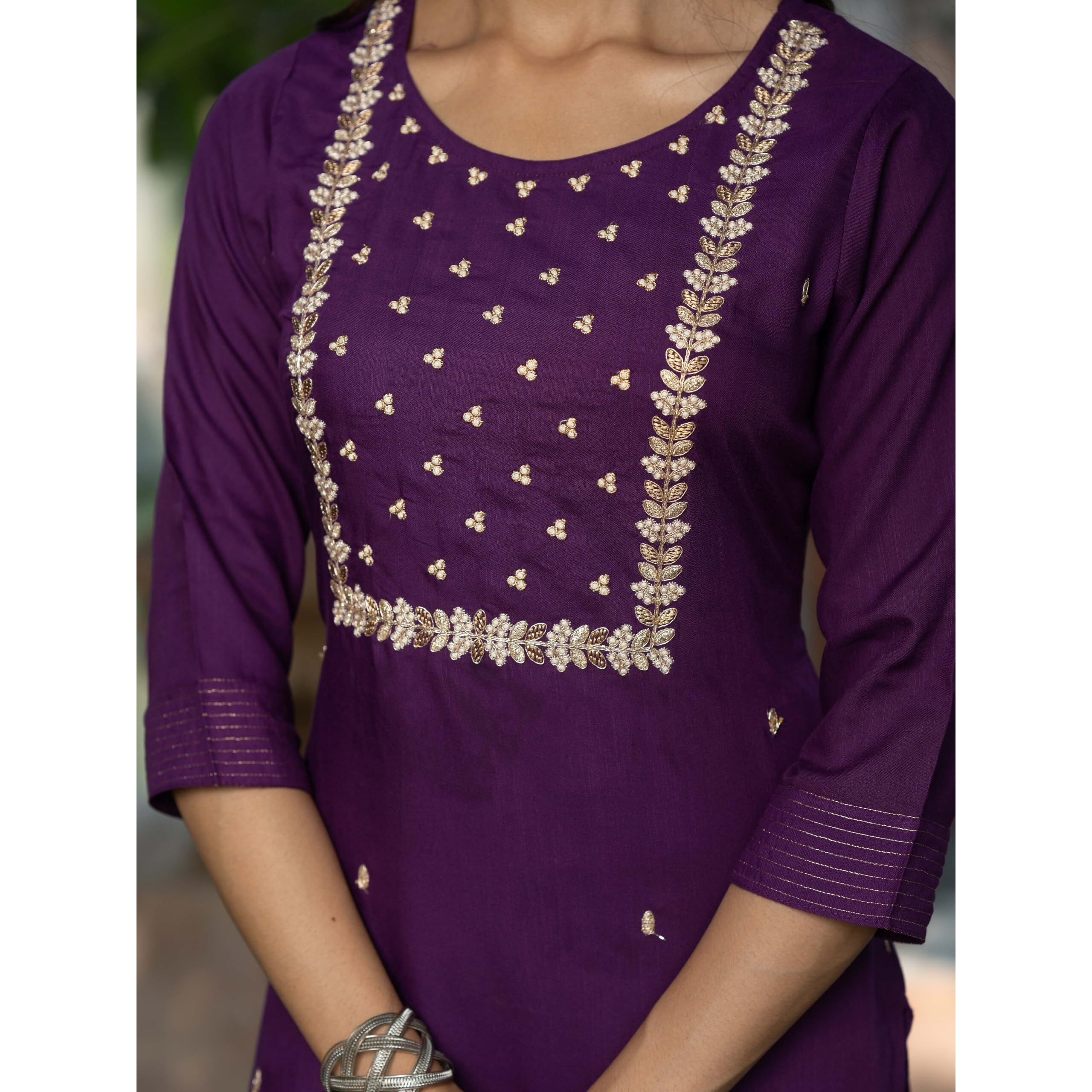 Navlik Women's Rayon Slub Embroidered Straight Kurta with Pant And Dupatta Sets (NK-Pragati) (Size Large, Color Violate)
