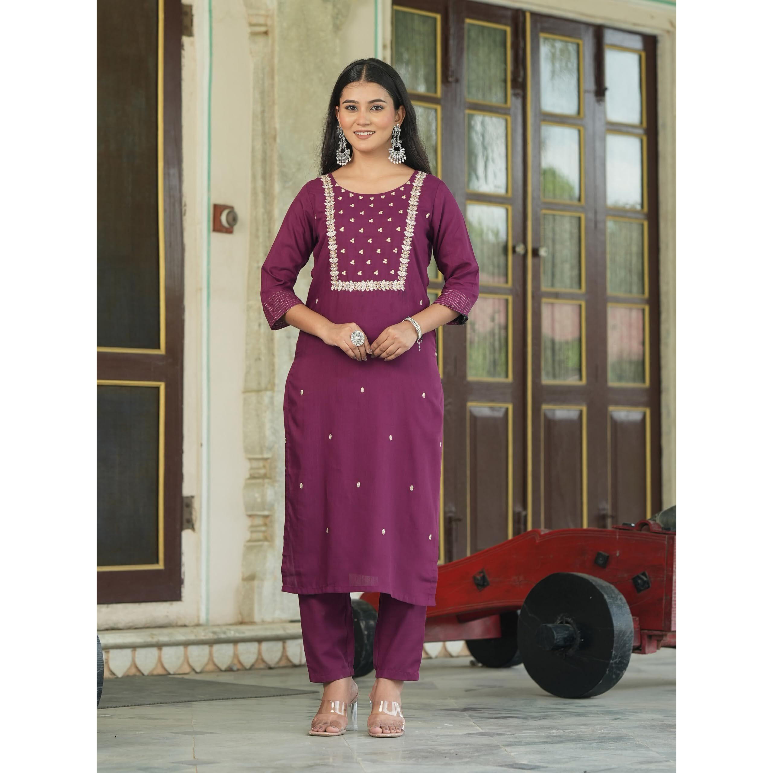 Navlik Women's Rayon Slub Embroidered Straight Kurta with Pant And Dupatta Sets (NK-Pragati) (Size Large, Color Wine)