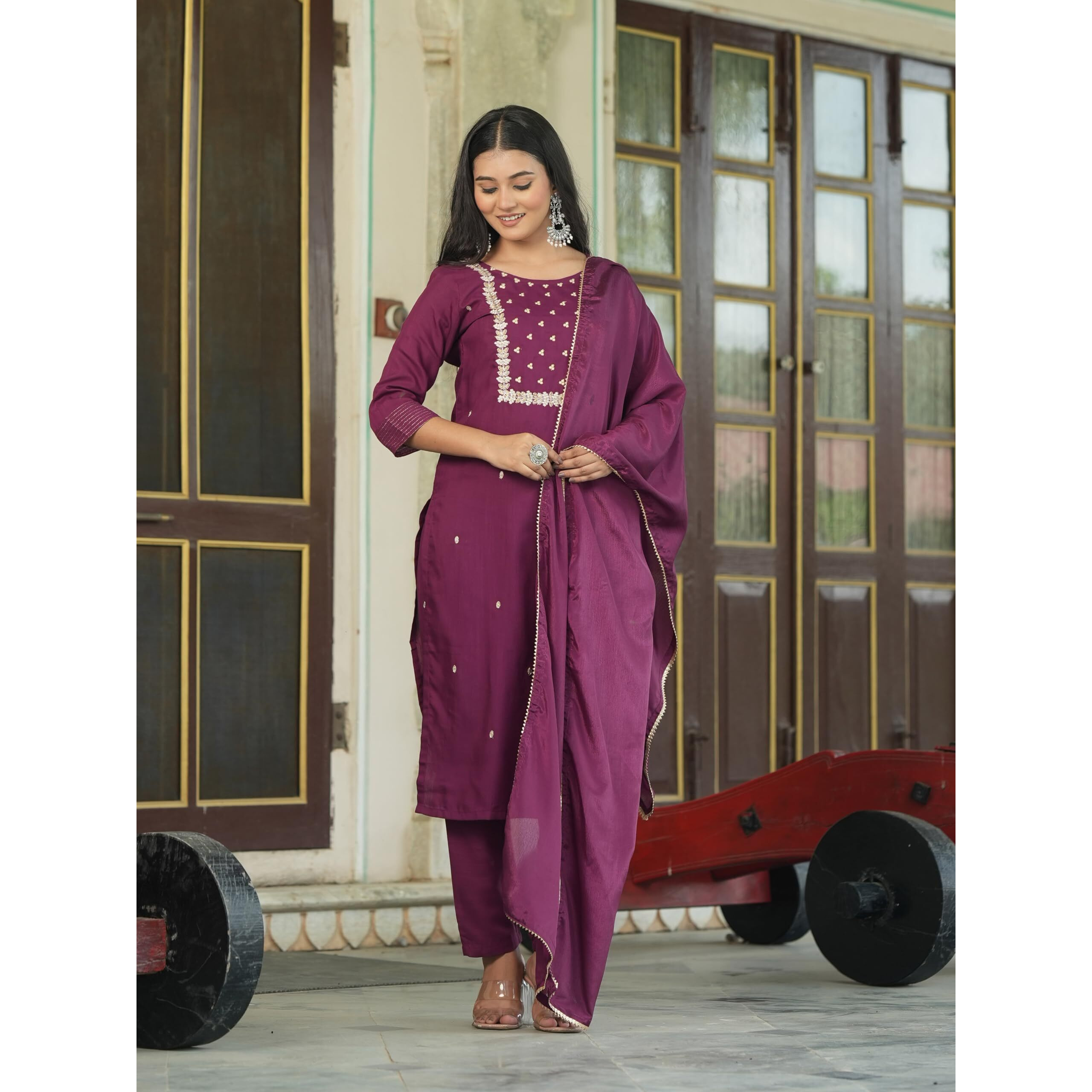 Navlik Women's Rayon Slub Embroidered Straight Kurta with Pant And Dupatta Sets (NK-Pragati) (Size Medium, Color Wine)