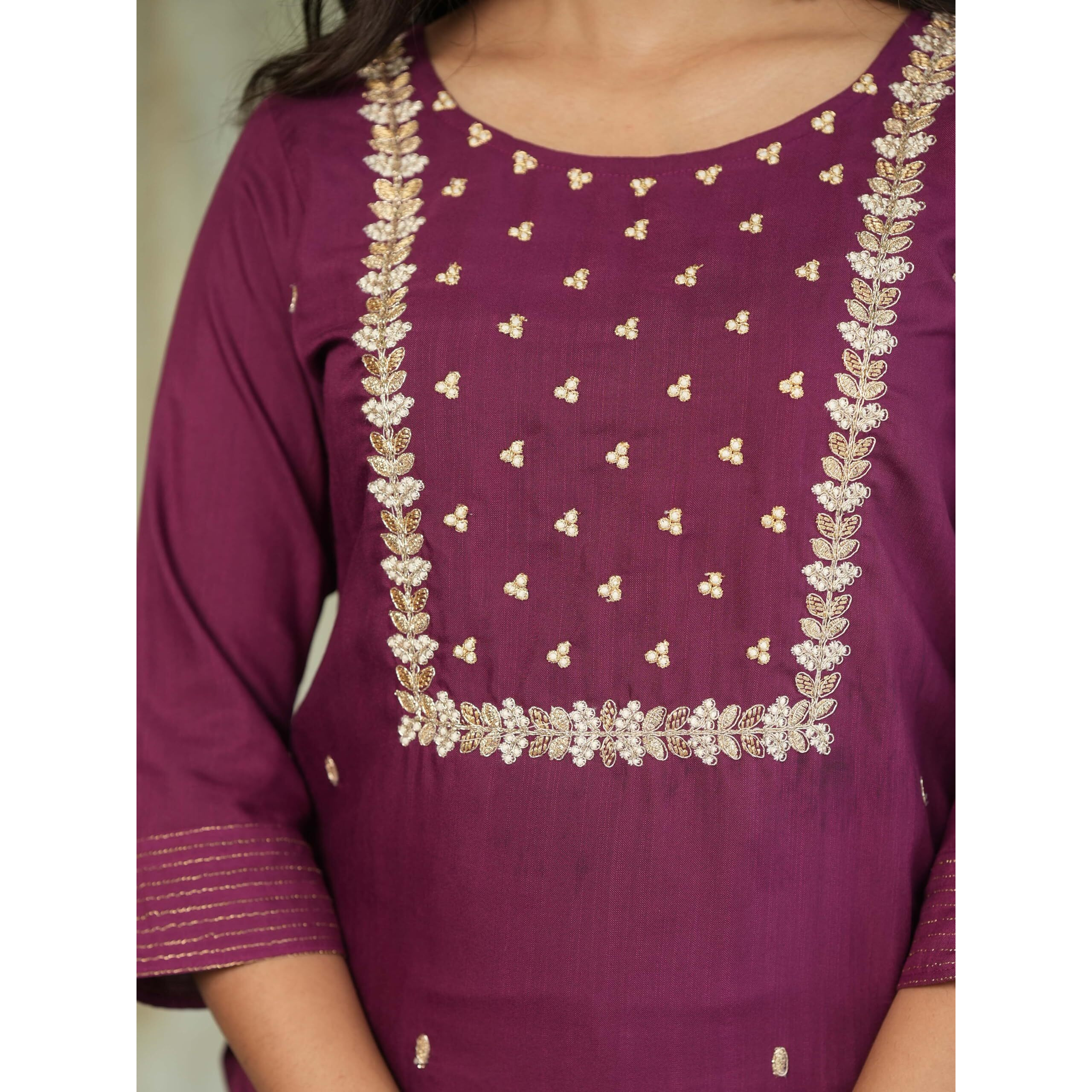 Navlik Women's Rayon Slub Embroidered Straight Kurta with Pant And Dupatta Sets (NK-Pragati) (Size Medium, Color Wine)