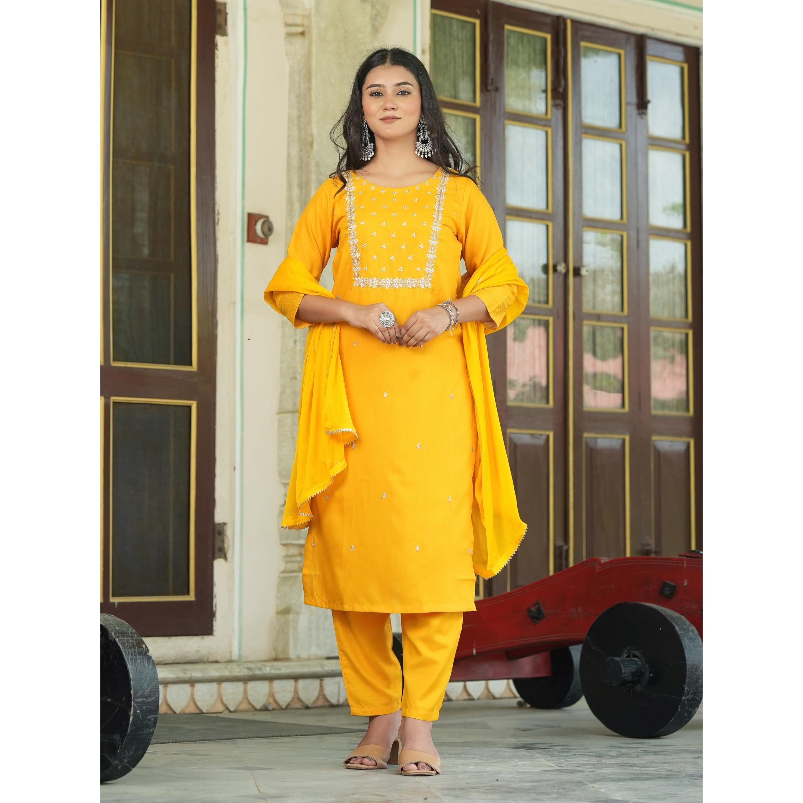 Navlik Women's Rayon Slub Embroidered Straight Kurta with Pant And Dupatta Sets (NK-Pragati) (Size Medium, Color Yellow)