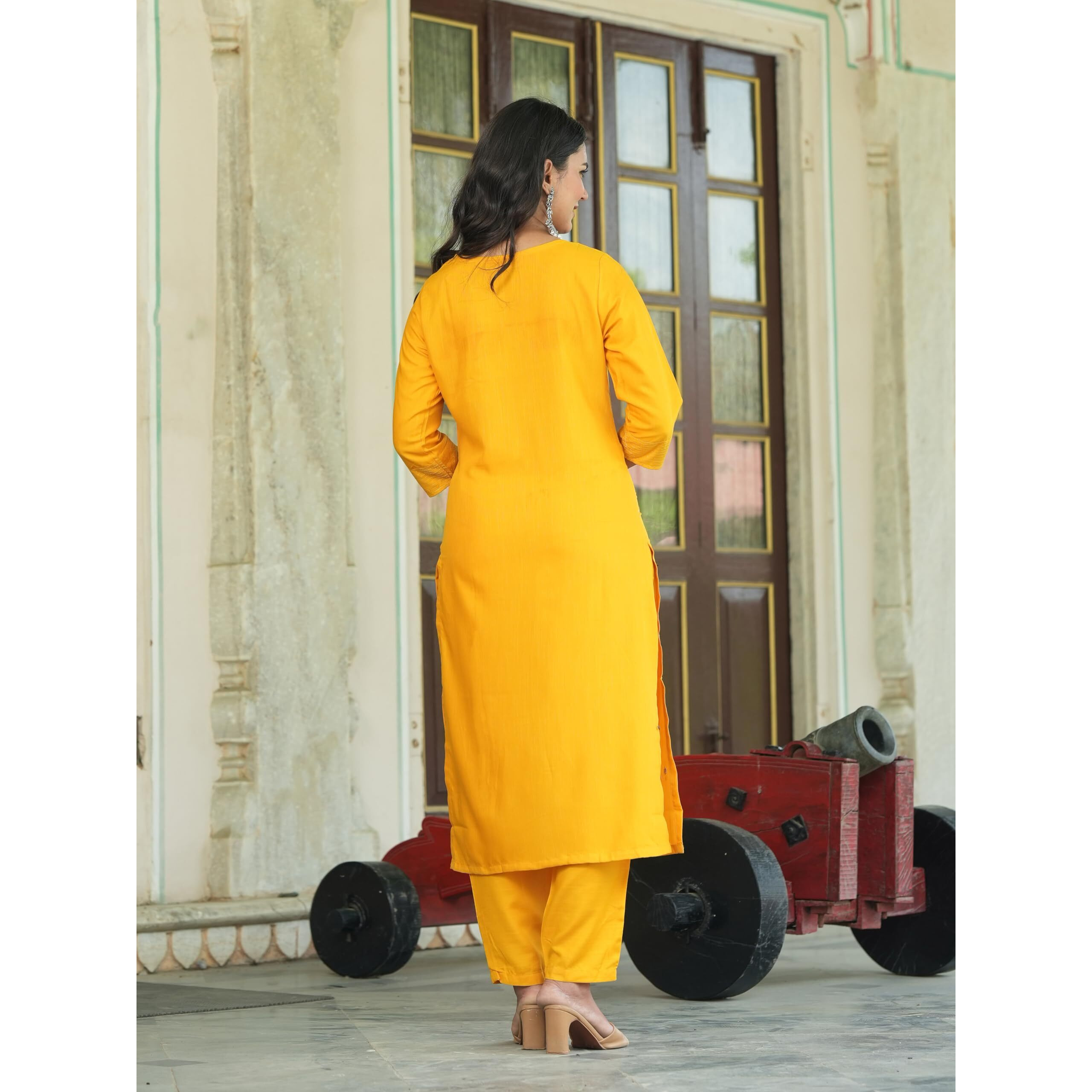 Navlik Women's Rayon Slub Embroidered Straight Kurta with Pant And Dupatta Sets (NK-Pragati) (Size Medium, Color Yellow)