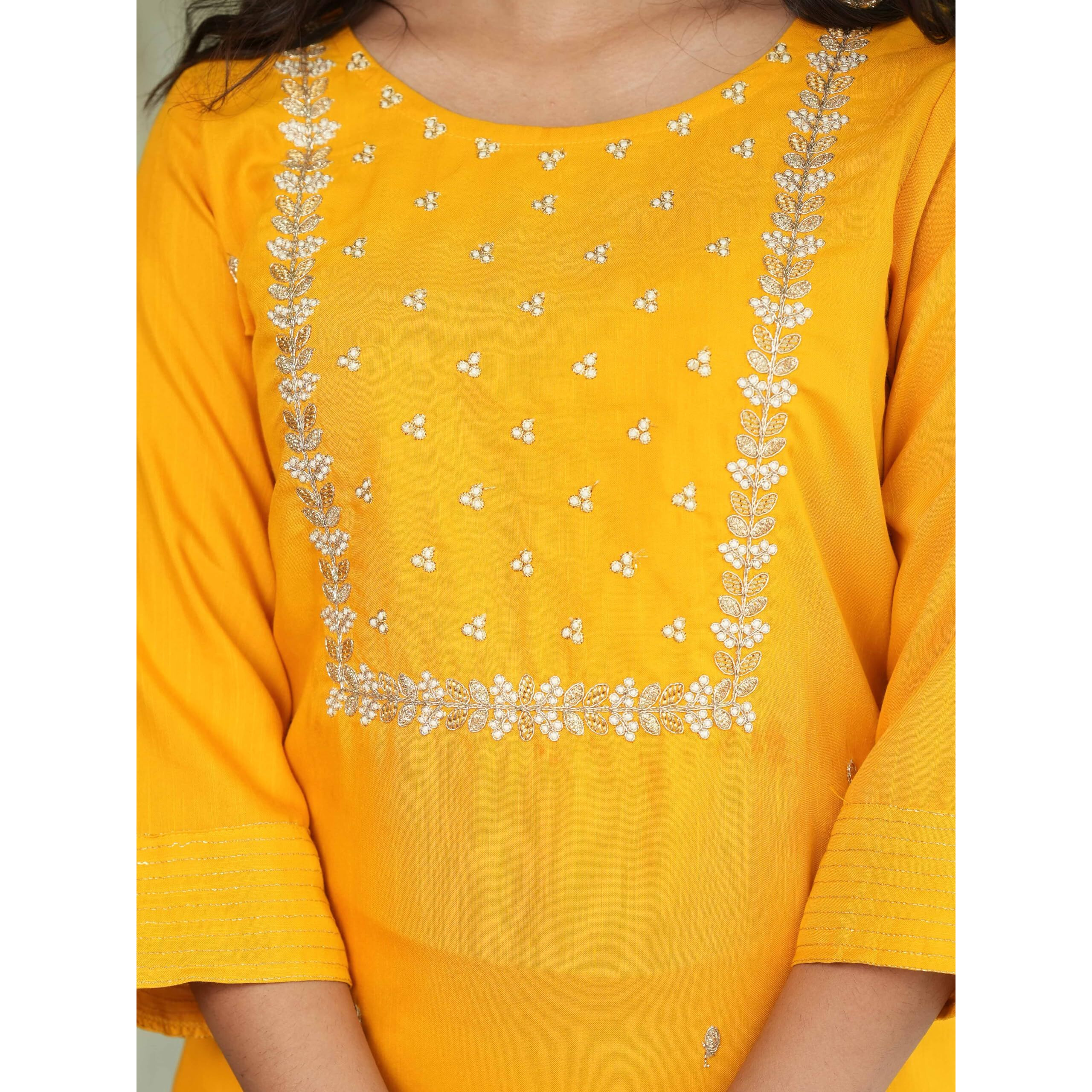 Navlik Women's Rayon Slub Embroidered Straight Kurta with Pant And Dupatta Sets (NK-Pragati) (Size Medium, Color Yellow)
