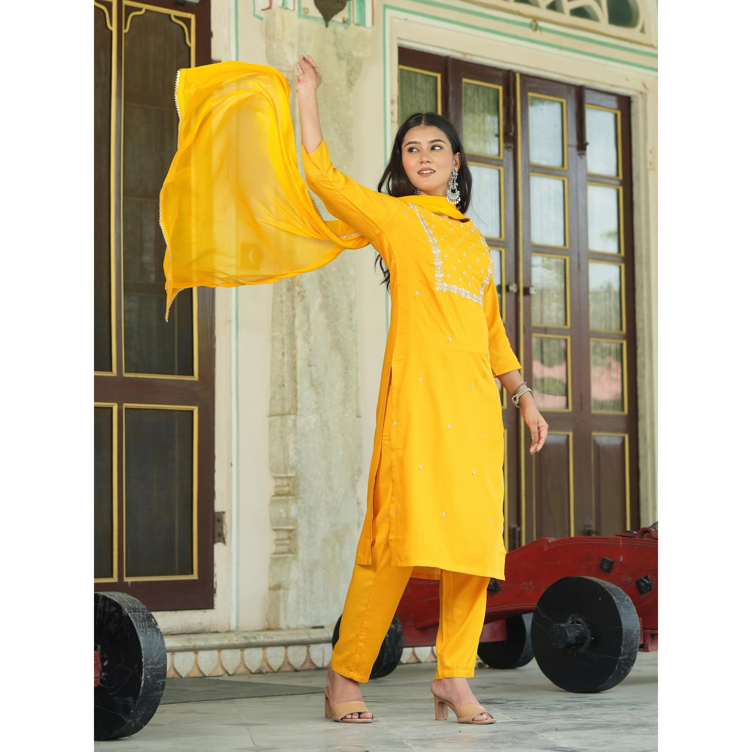 Navlik Women's Rayon Slub Embroidered Straight Kurta with Pant And Dupatta Sets (NK-Pragati) (Size Medium, Color Yellow)