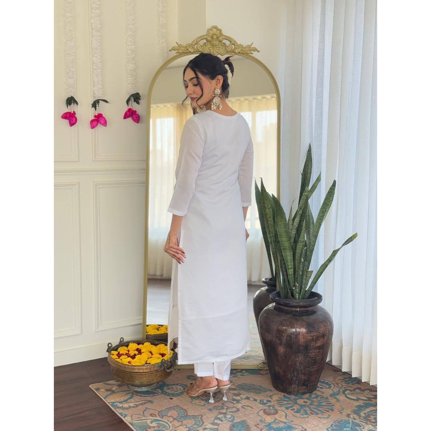 Navlik Women's Chanderi Viscose Embroidered Straight Kurta with Pant and Dupatta Sets (M-Shivangi) (Size Medium, Color White)