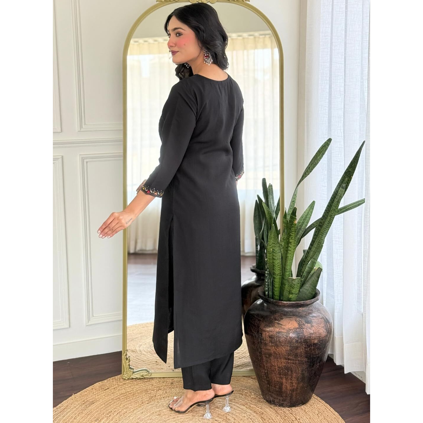 Navlik Women's Roman Silk Embroidered Straight Kurta with Pant and Dupatta Sets (NK-M-Shree) (Size Medium, Color Black)