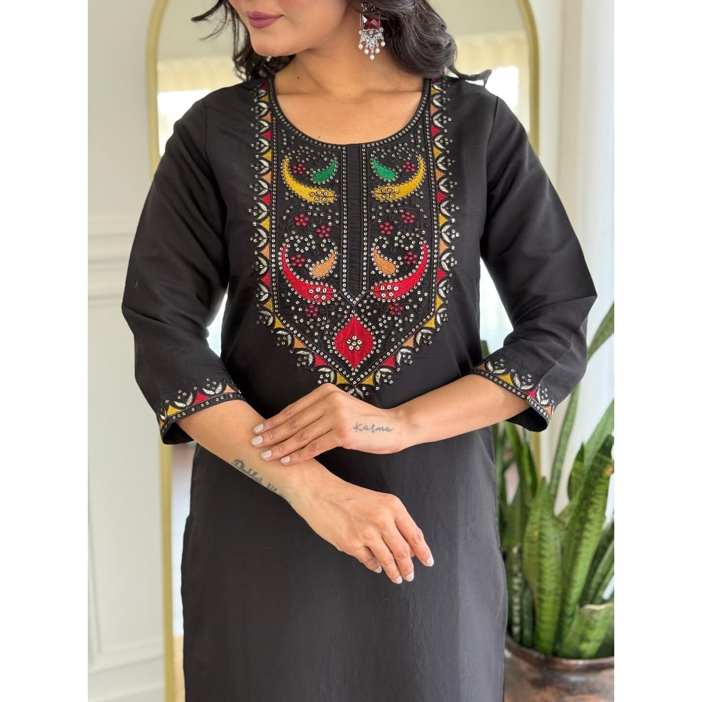 Navlik Women's Roman Silk Embroidered Straight Kurta with Pant and Dupatta Sets (NK-M-Shree) (Size Medium, Color Black)