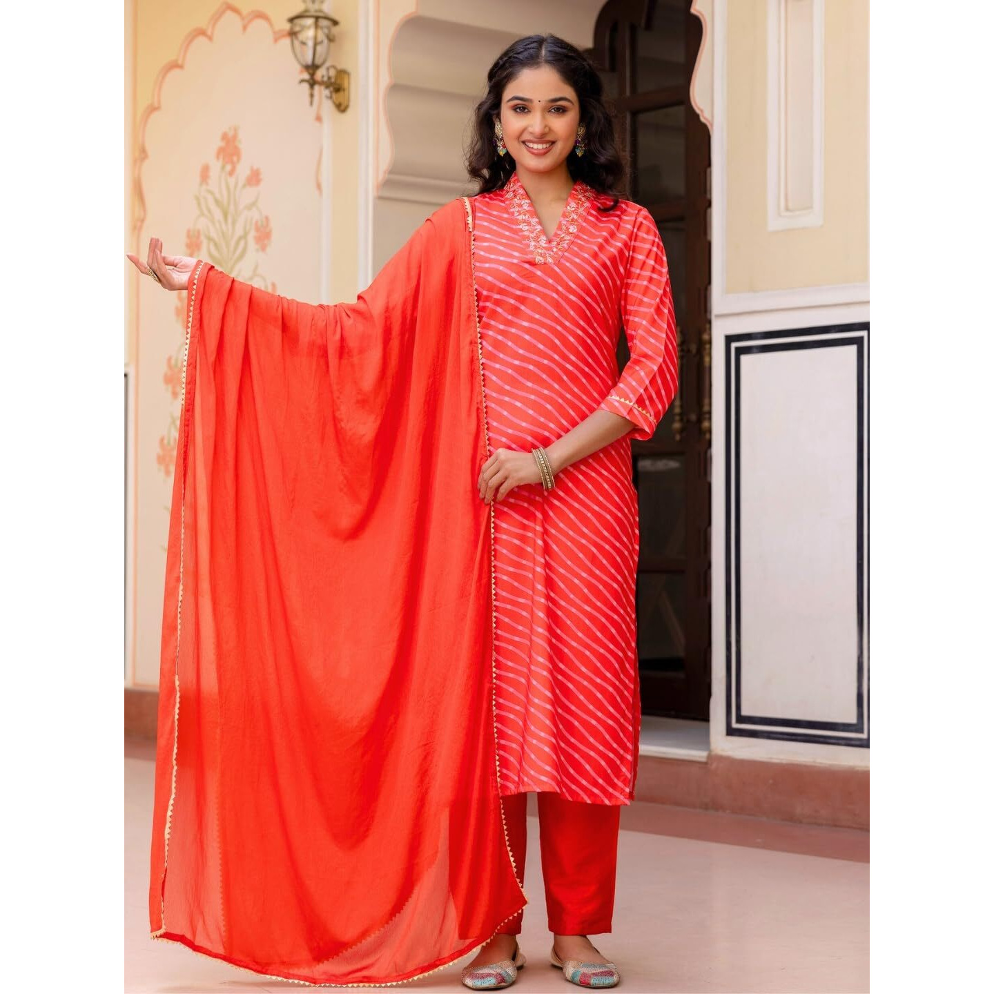 Navlik Women's Muslin Embroidered Straight Kurta with Pant and Dupatta Sets (M-Shreevalli) (Size Large, Color Orange)