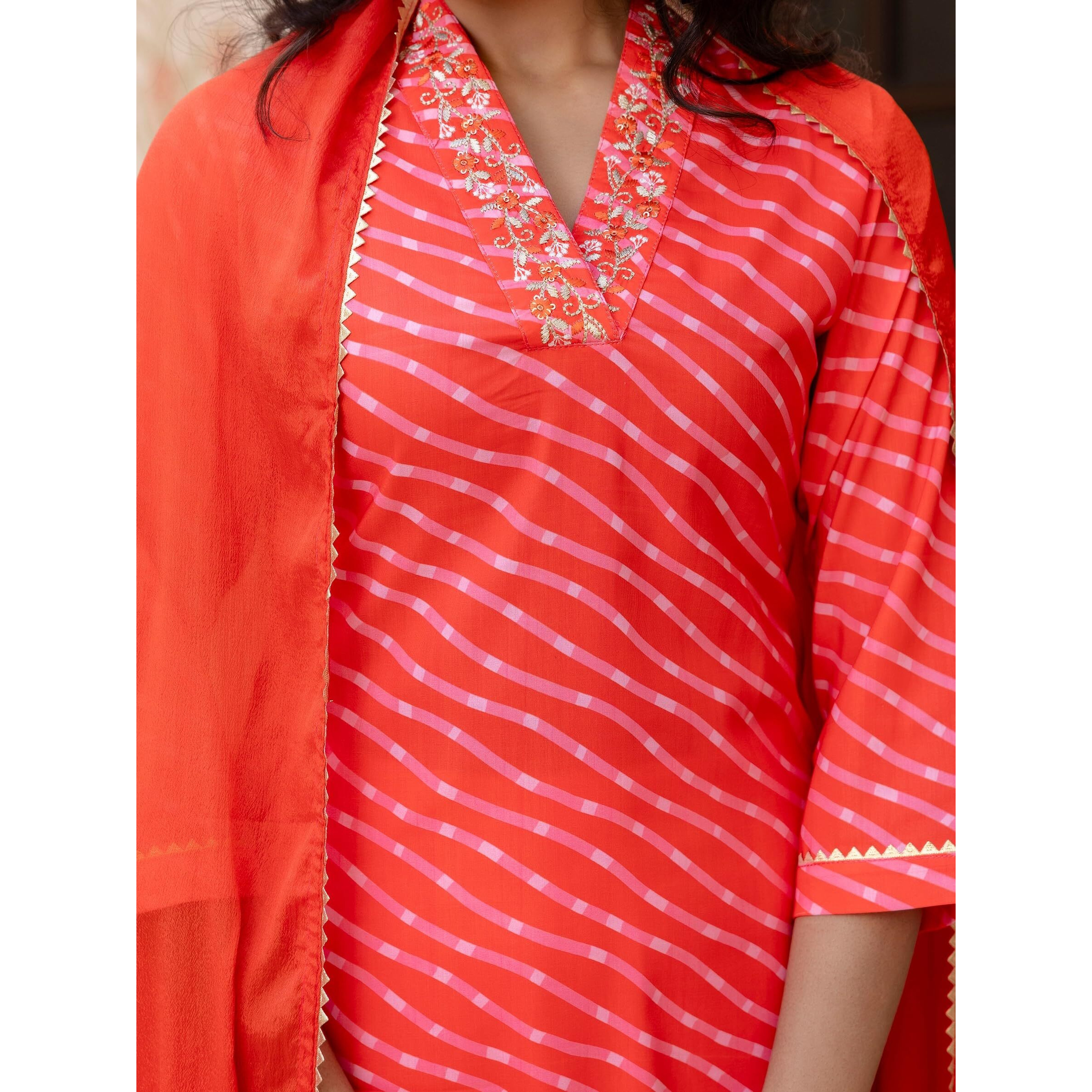Navlik Women's Muslin Embroidered Straight Kurta with Pant and Dupatta Sets (M-Shreevalli) (Size Large, Color Orange)