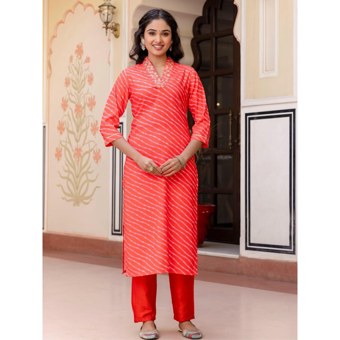 Navlik Women's Muslin Embroidered Straight Kurta with Pant and Dupatta Sets (M-Shreevalli) (Size Large, Color Orange)