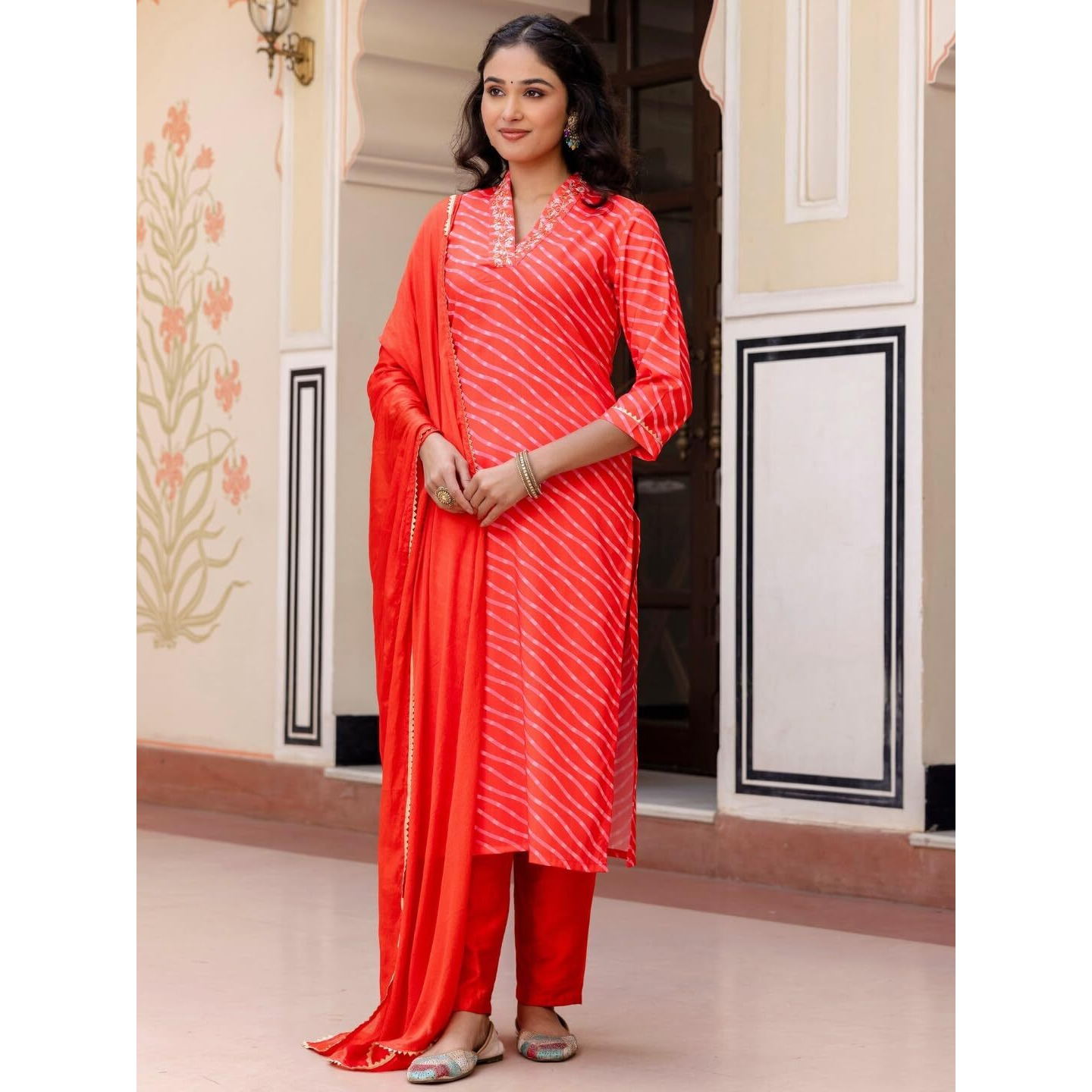 Navlik Women's Muslin Embroidered Straight Kurta with Pant and Dupatta Sets (M-Shreevalli) (Size Large, Color Orange)