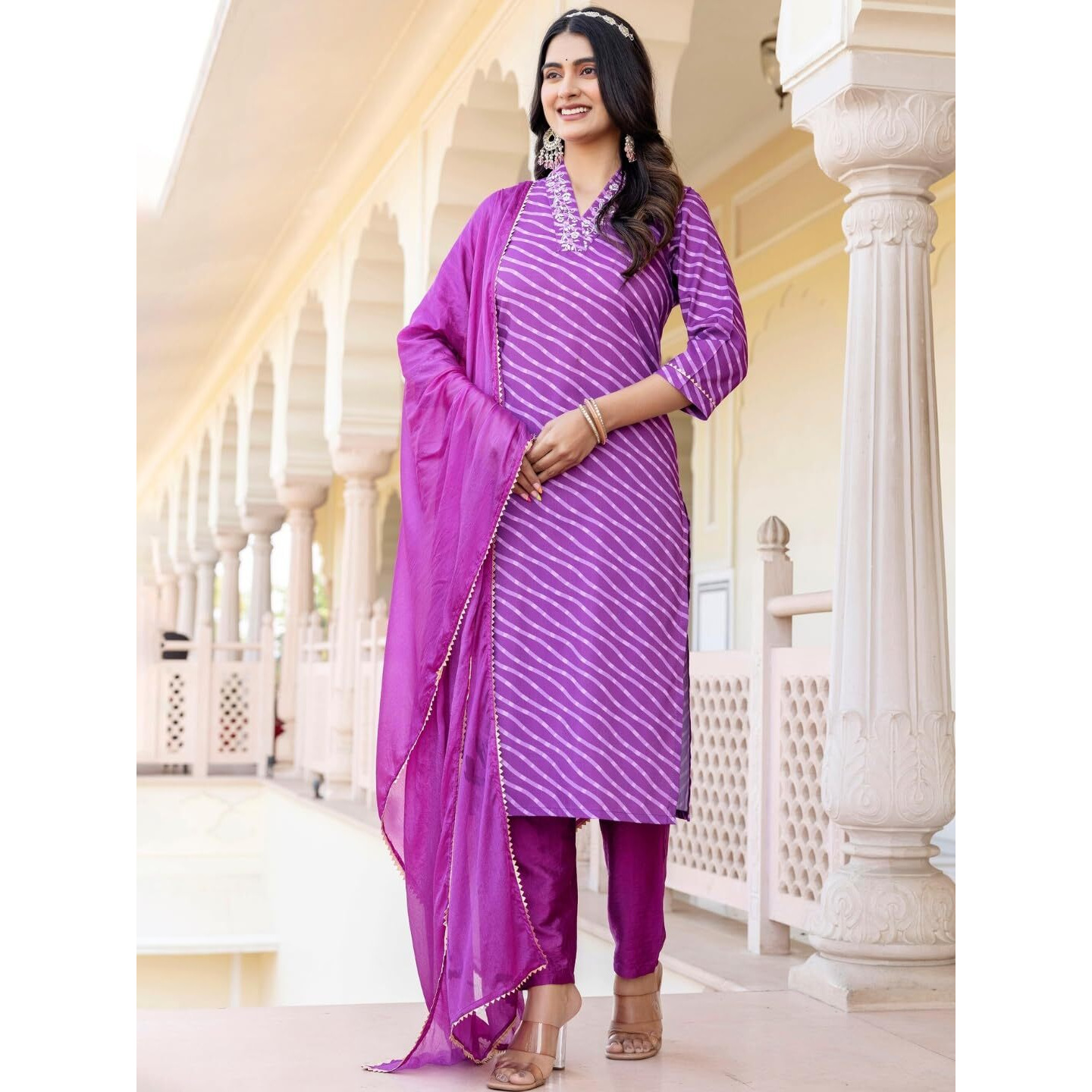 Navlik Women's Muslin Embroidered Straight Kurta with Pant and Dupatta Sets (M-Shreevalli) (Size Large, Color Rani)
