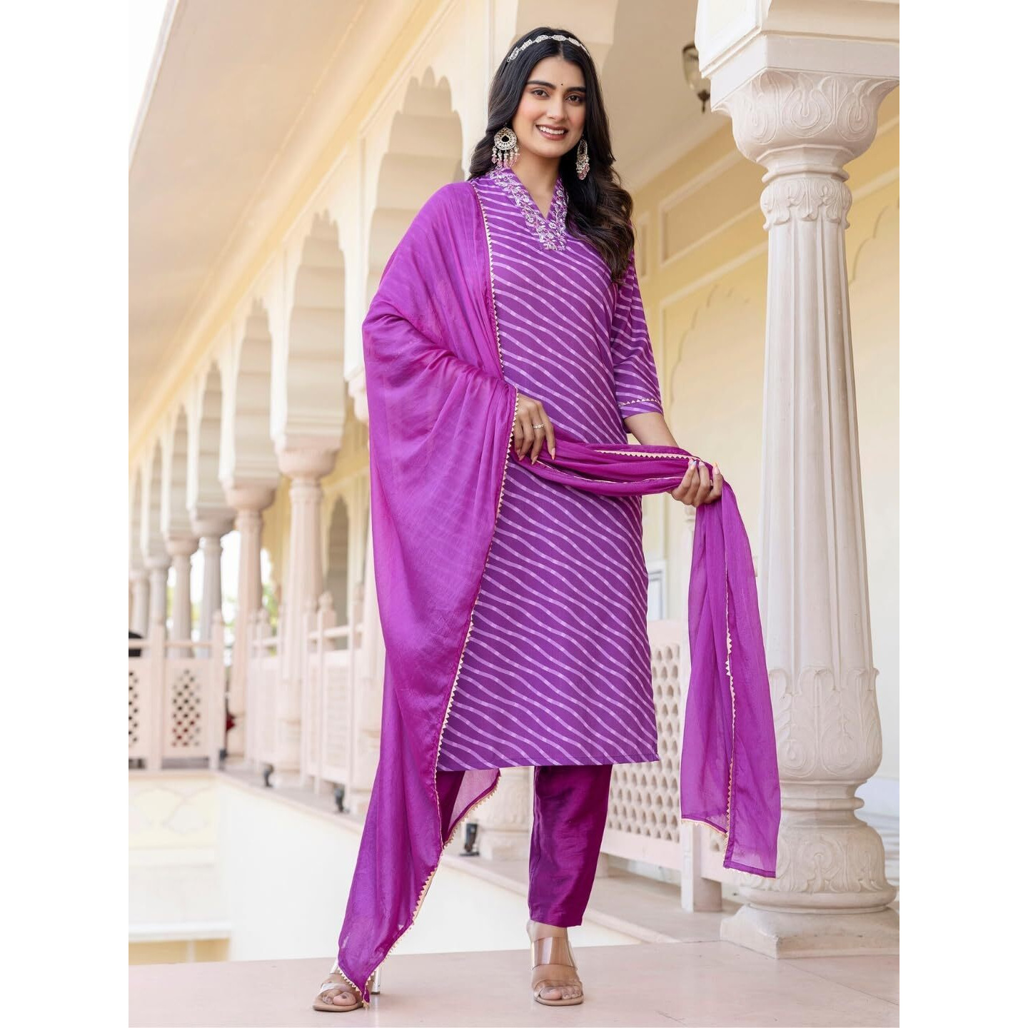 Navlik Women's Muslin Embroidered Straight Kurta with Pant and Dupatta Sets (M-Shreevalli) (Size Large, Color Rani)