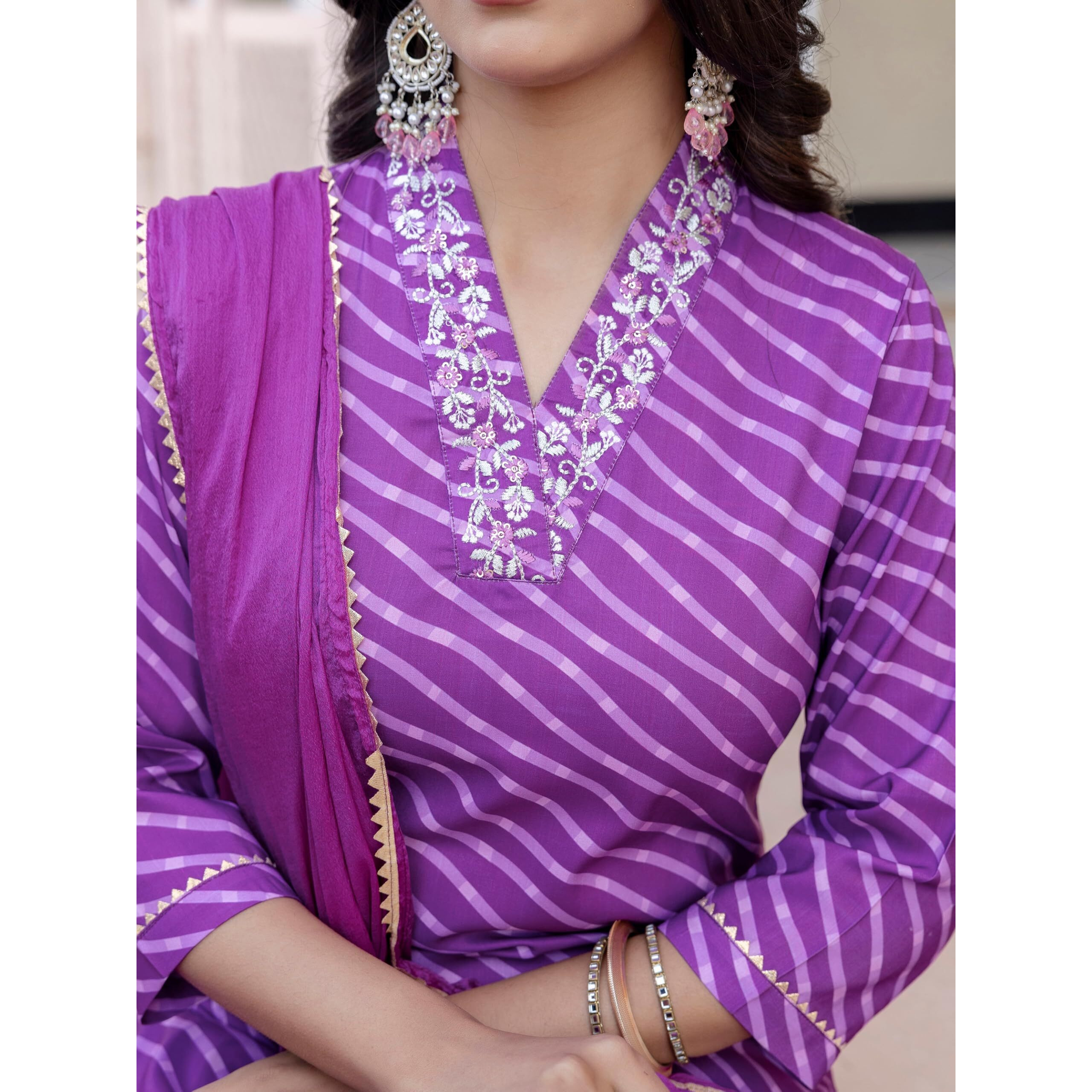 Navlik Women's Muslin Embroidered Straight Kurta with Pant and Dupatta Sets (M-Shreevalli) (Size Medium, Color Rani)