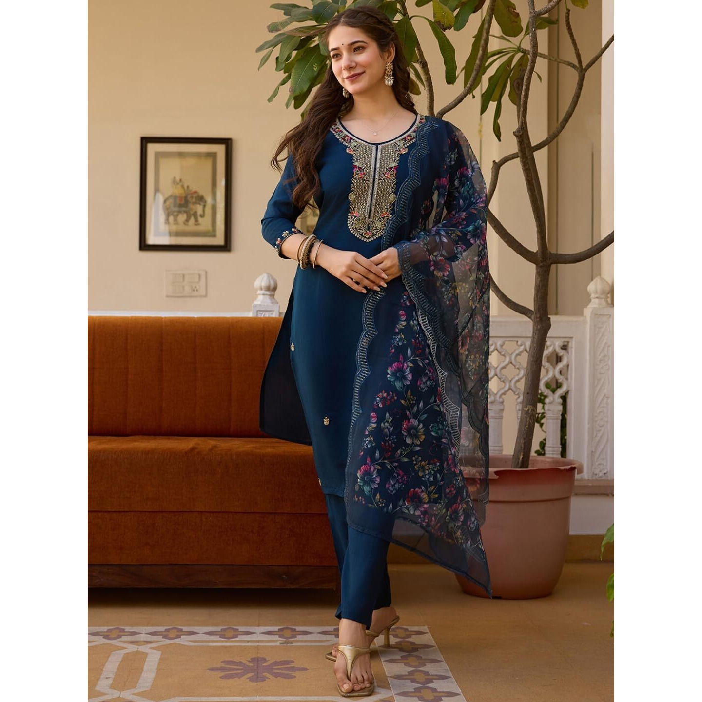 Navlik Women's Chanderi Viscose Embroidered Straight Kurta with Pant and Dupatta Sets (NK-MV-21) (Size XX-Large, Color Petrol)