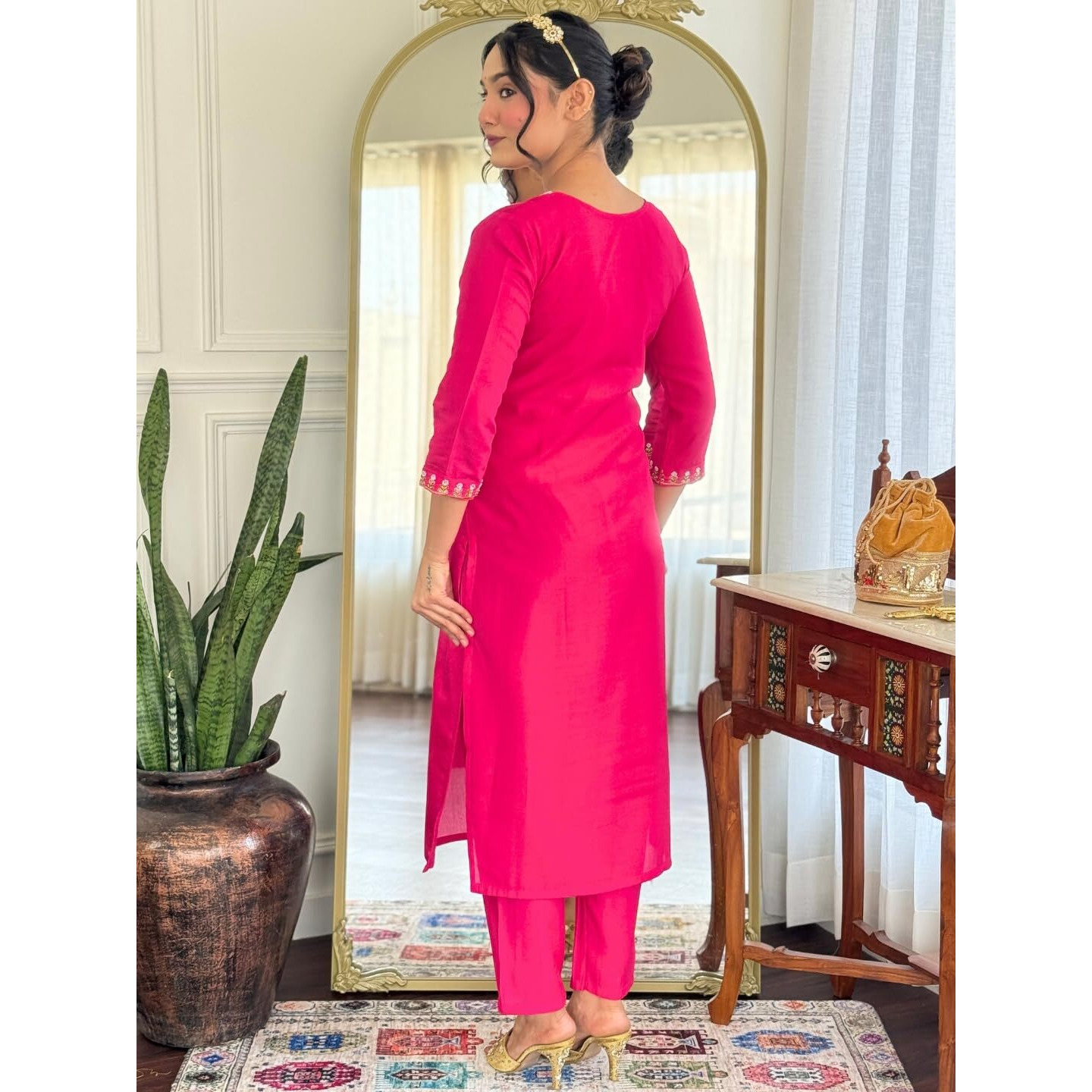 Navlik Women's Viscose Embroidered Straight Kurta with Pant and Dupatta Sets (NK-MV-23) (Size Small, Color Red)