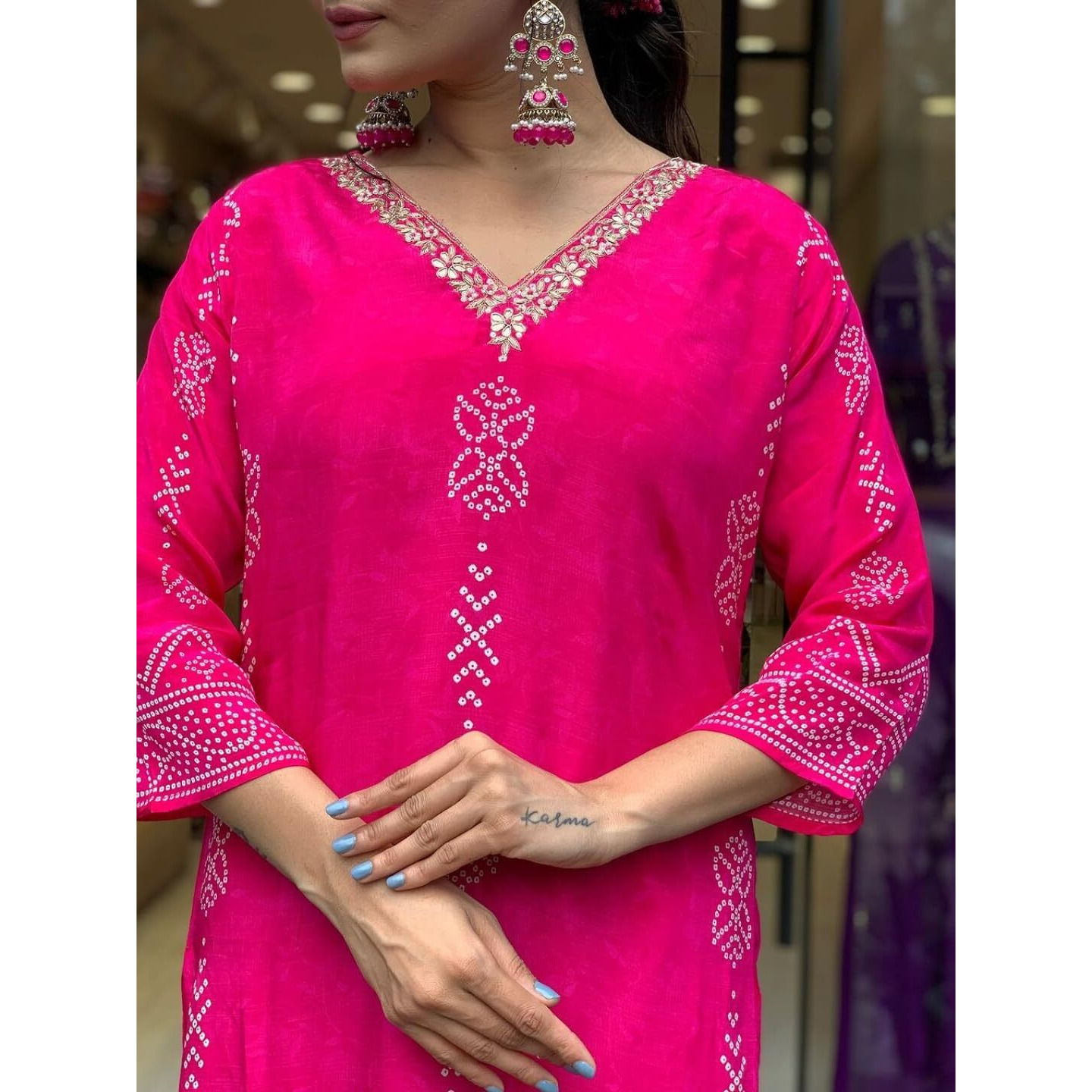 Navlik Women's Pink French Crepe Embroidered and Printed Straight Kurta with Viscose Pant and Chinon Printed Dupatta Sets (NK-MV-609) (Size XX-Large, Color Pink)