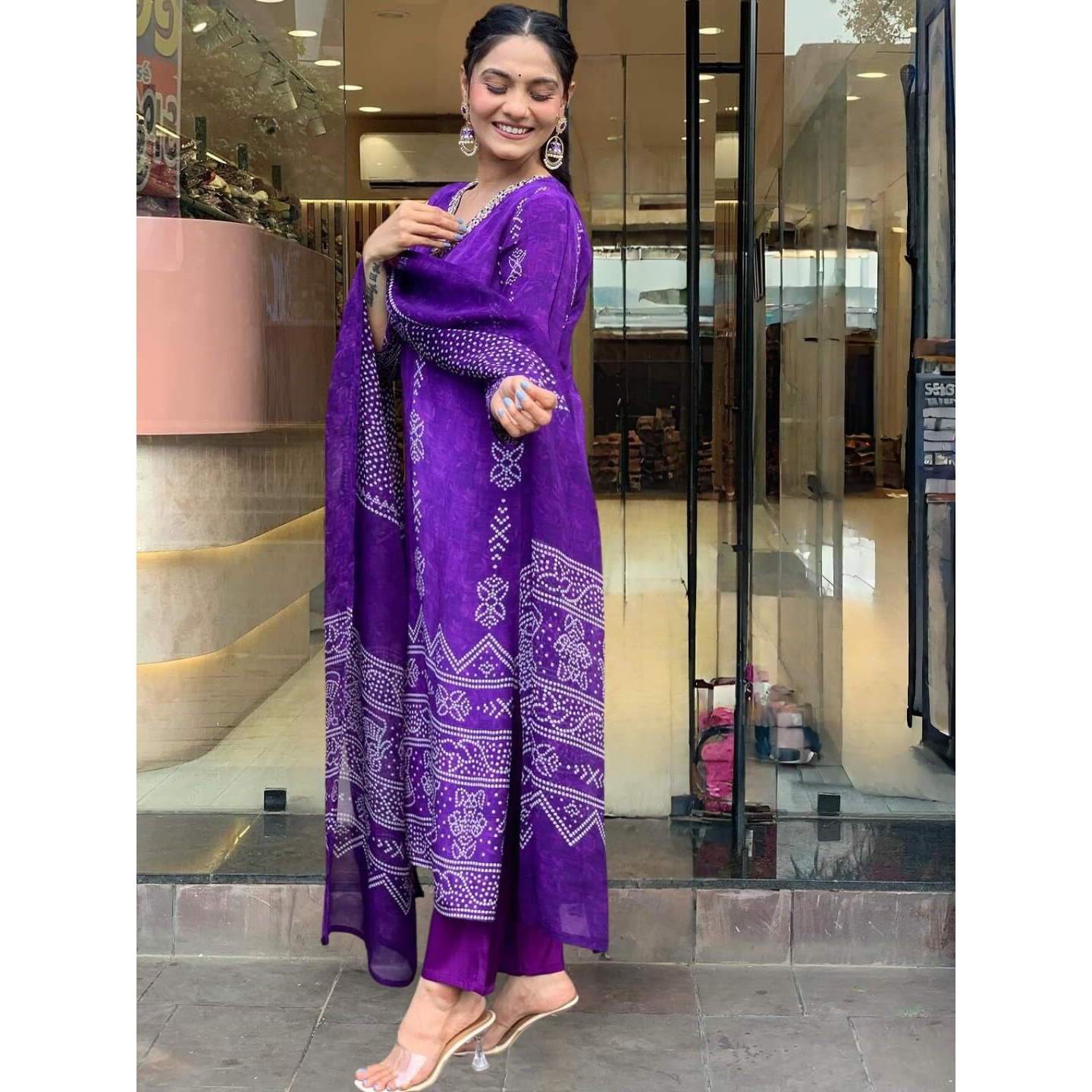 Navlik Women's Pink French Crepe Embroidered and Printed Straight Kurta with Viscose Pant and Chinon Printed Dupatta Sets (NK-MV-609) (Size Large, Color Purple)