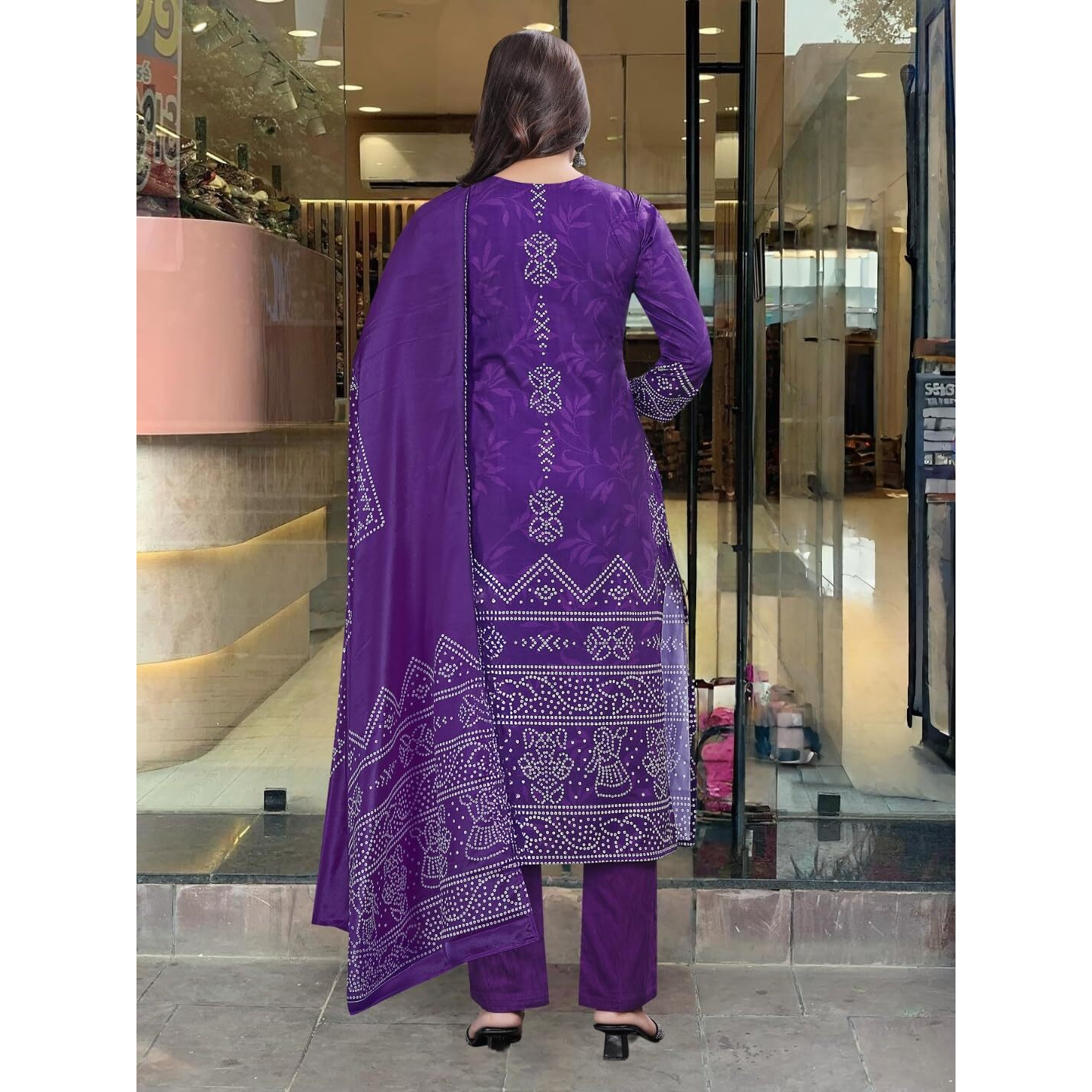 Navlik Women's Pink French Crepe Embroidered and Printed Straight Kurta with Viscose Pant and Chinon Printed Dupatta Sets (NK-MV-609) (Size Medium, Color Purple)