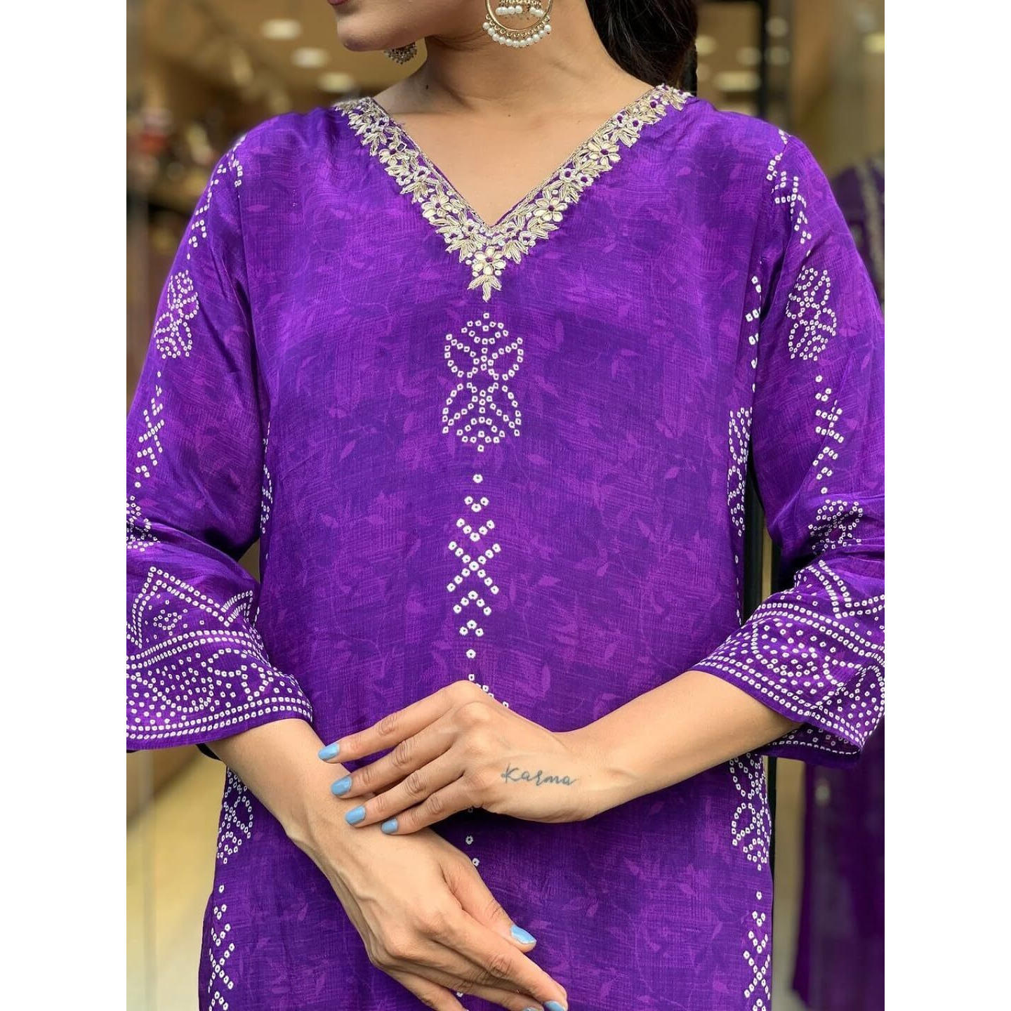 Navlik Women's Pink French Crepe Embroidered and Printed Straight Kurta with Viscose Pant and Chinon Printed Dupatta Sets (NK-MV-609) (Size Medium, Color Purple)