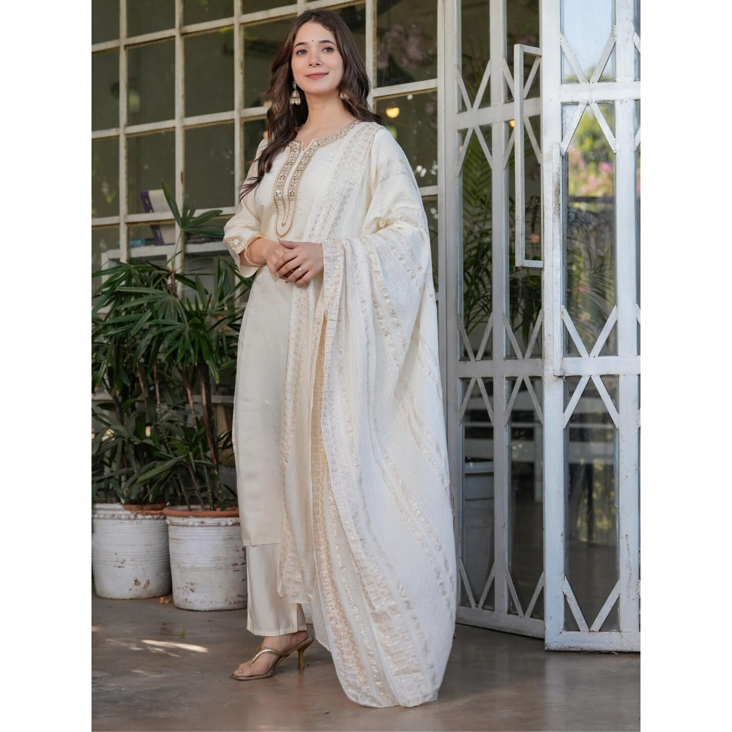 Navlik Women's Off White Chanderi Viscose Embroidered Straight Kurta with Chanderi Viscose Pant and Viscose Jacquard Dyed Dupatta Sets (NK-MV-610) (Size X-Large, Color Offwhite)