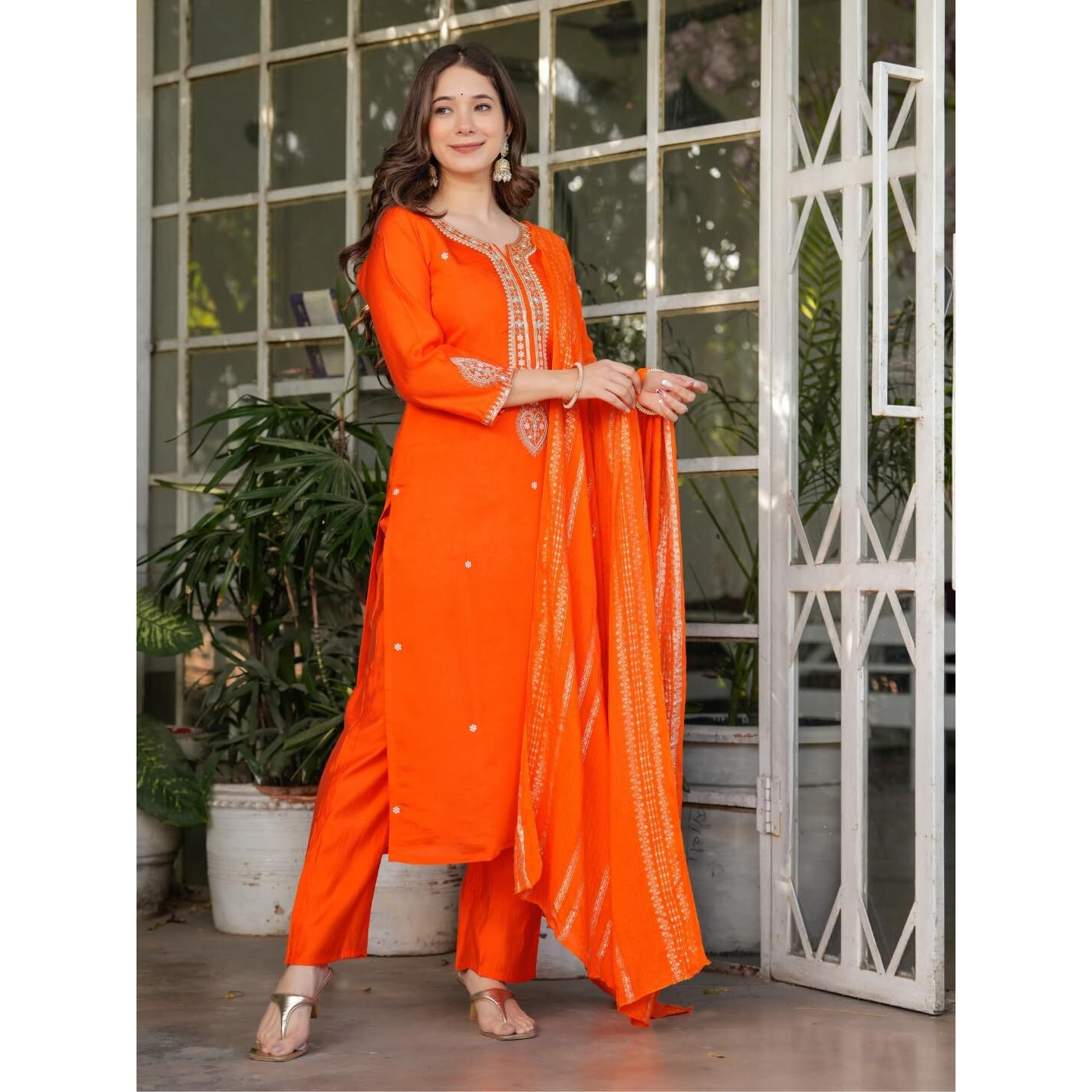 Navlik Women's Off White Chanderi Viscose Embroidered Straight Kurta with Chanderi Viscose Pant and Viscose Jacquard Dyed Dupatta Sets (NK-MV-610) (Size Medium, Color Orange)