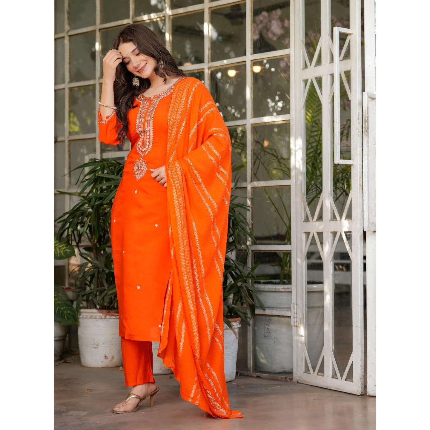 Navlik Women's Off White Chanderi Viscose Embroidered Straight Kurta with Chanderi Viscose Pant and Viscose Jacquard Dyed Dupatta Sets (NK-MV-610) (Size Medium, Color Orange)