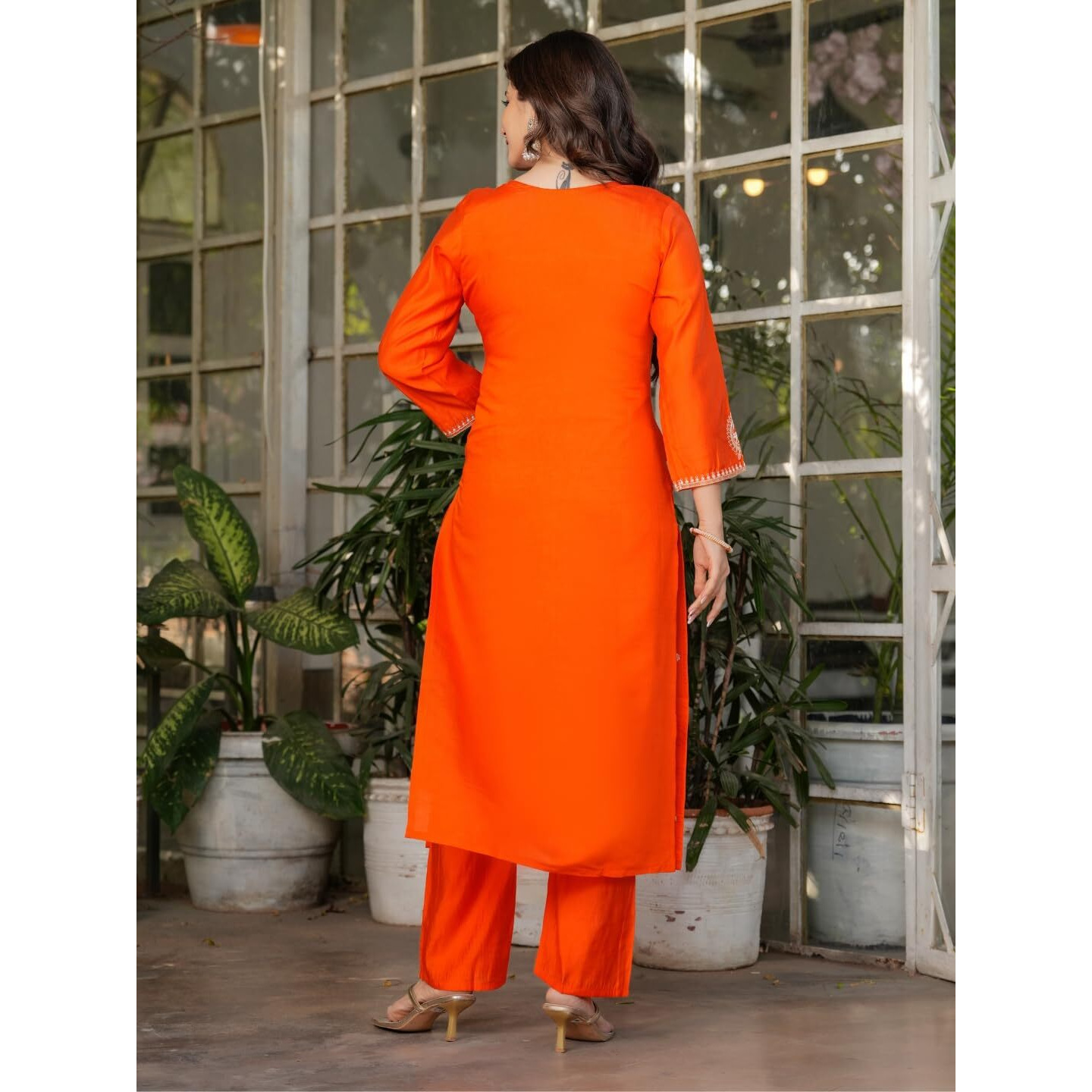 Navlik Women's Off White Chanderi Viscose Embroidered Straight Kurta with Chanderi Viscose Pant and Viscose Jacquard Dyed Dupatta Sets (NK-MV-610) (Size Medium, Color Orange)