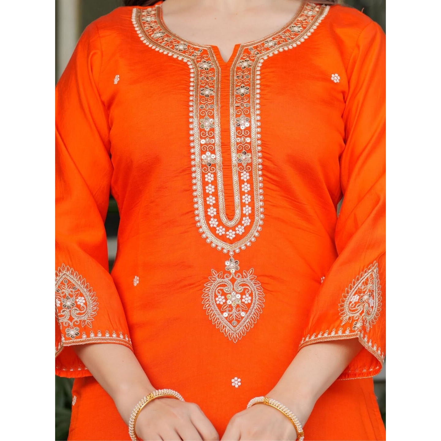Navlik Women's Off White Chanderi Viscose Embroidered Straight Kurta with Chanderi Viscose Pant and Viscose Jacquard Dyed Dupatta Sets (NK-MV-610) (Size Medium, Color Orange)