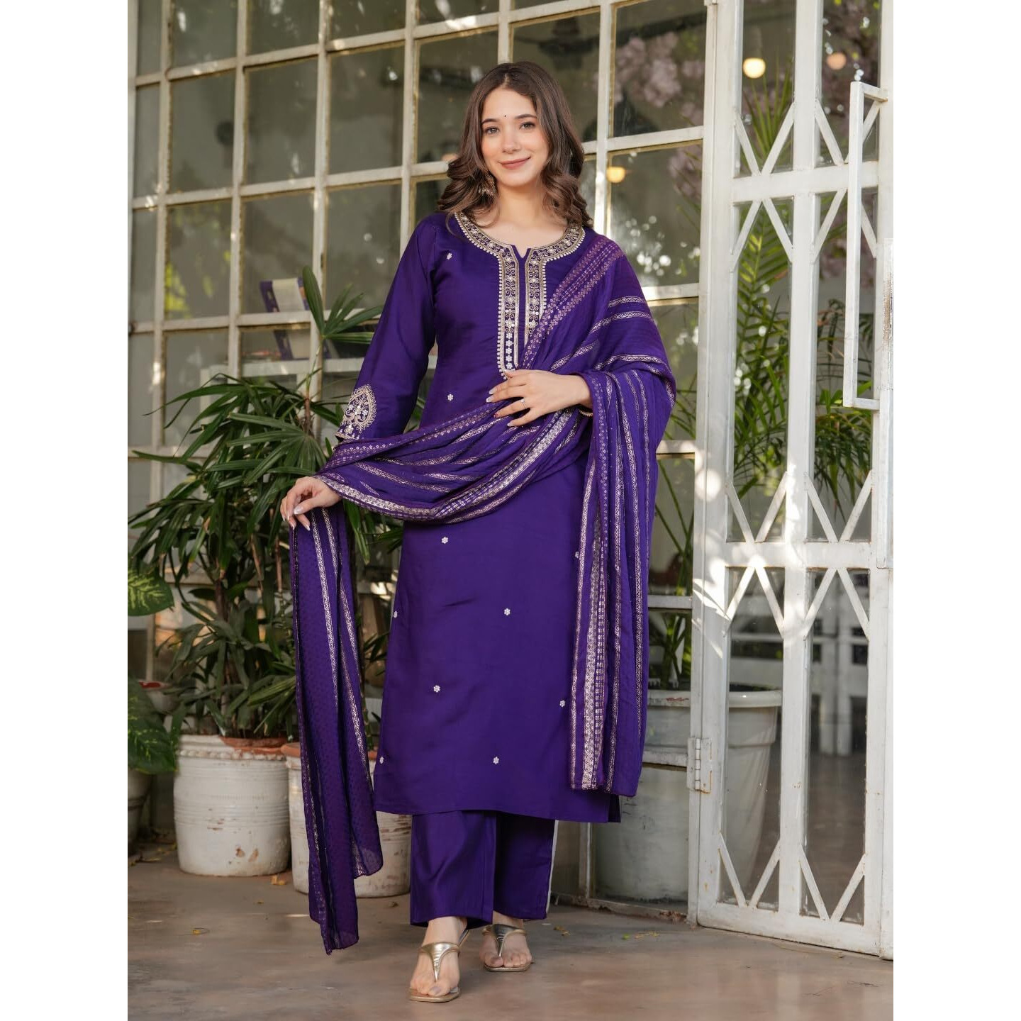 Navlik Women's Off White Chanderi Viscose Embroidered Straight Kurta with Chanderi Viscose Pant and Viscose Jacquard Dyed Dupatta Sets (NK-MV-610) (Size Large, Color Purple)