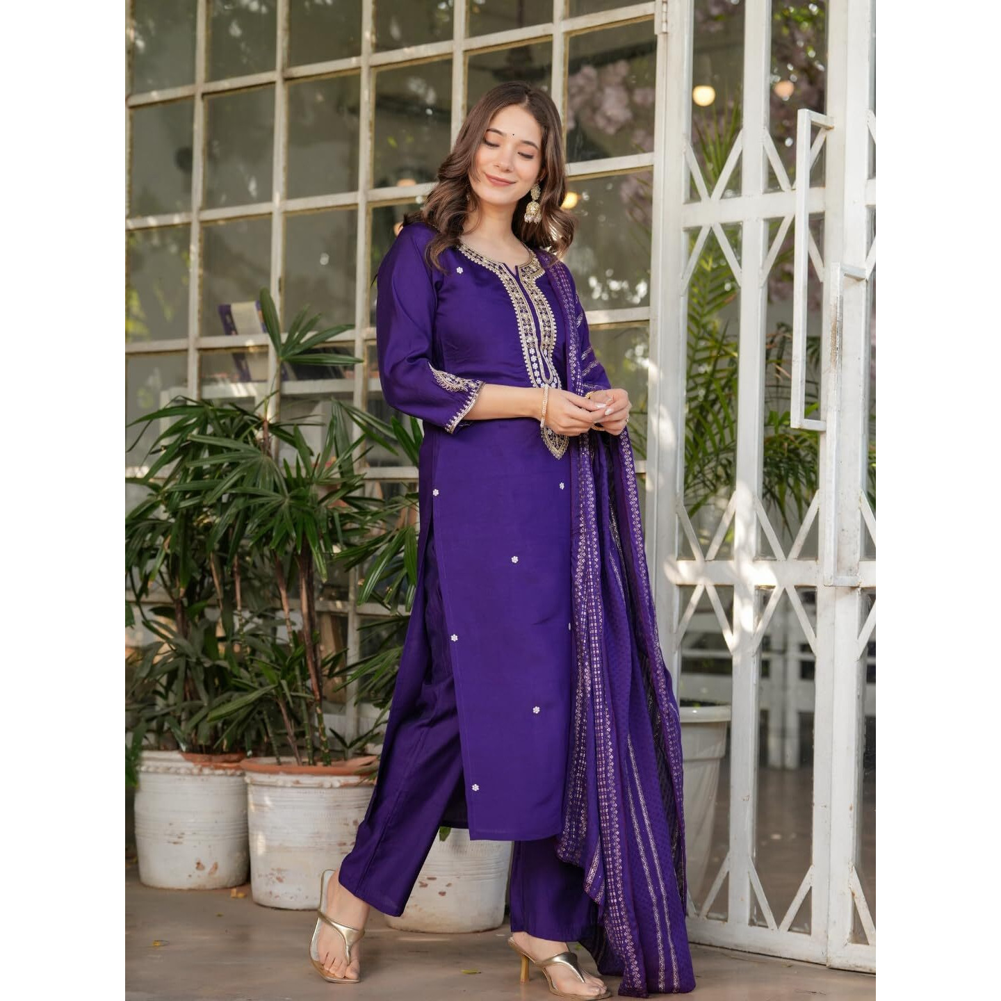 Navlik Women's Off White Chanderi Viscose Embroidered Straight Kurta with Chanderi Viscose Pant and Viscose Jacquard Dyed Dupatta Sets (NK-MV-610) (Size Large, Color Purple)