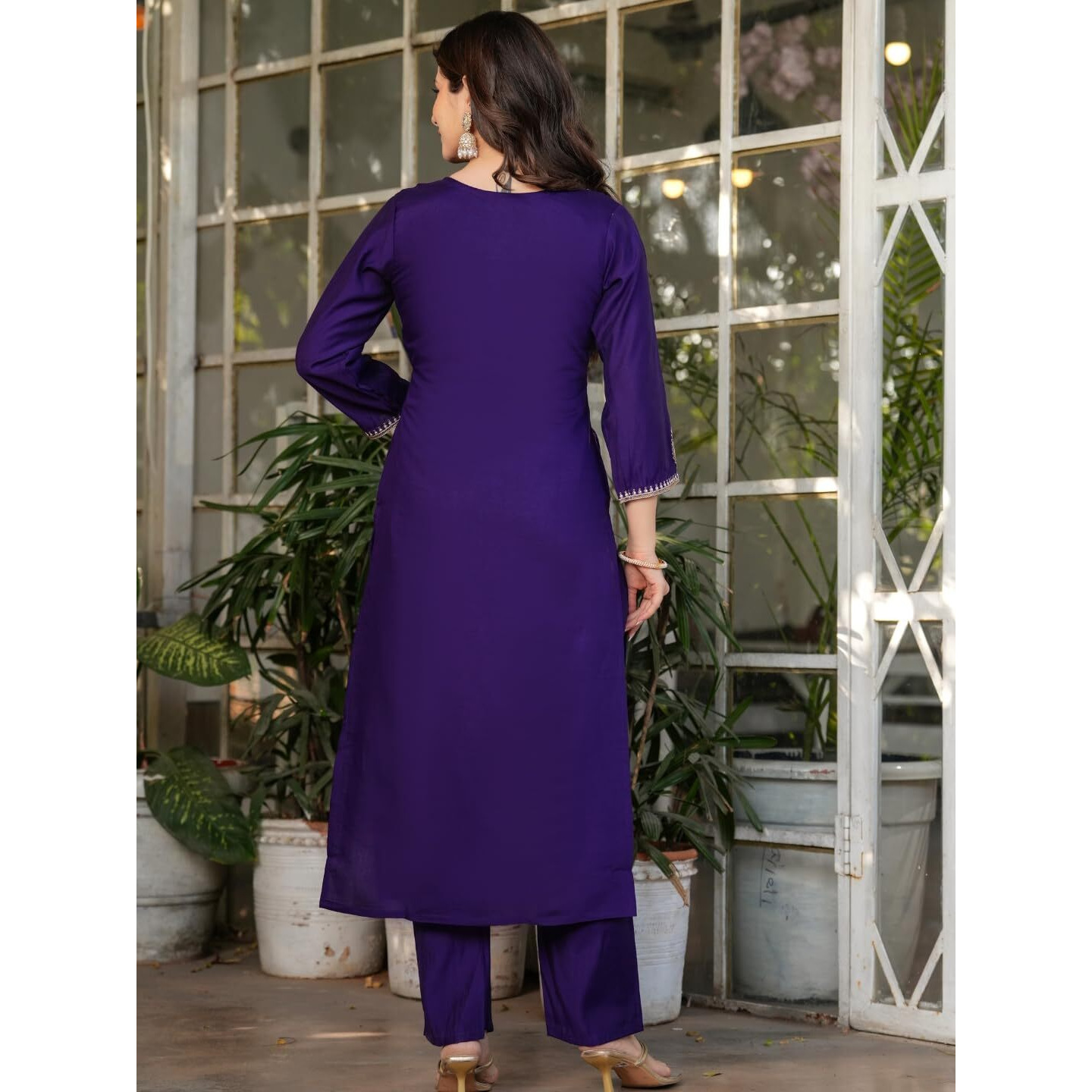 Navlik Women's Off White Chanderi Viscose Embroidered Straight Kurta with Chanderi Viscose Pant and Viscose Jacquard Dyed Dupatta Sets (NK-MV-610) (Size Large, Color Purple)