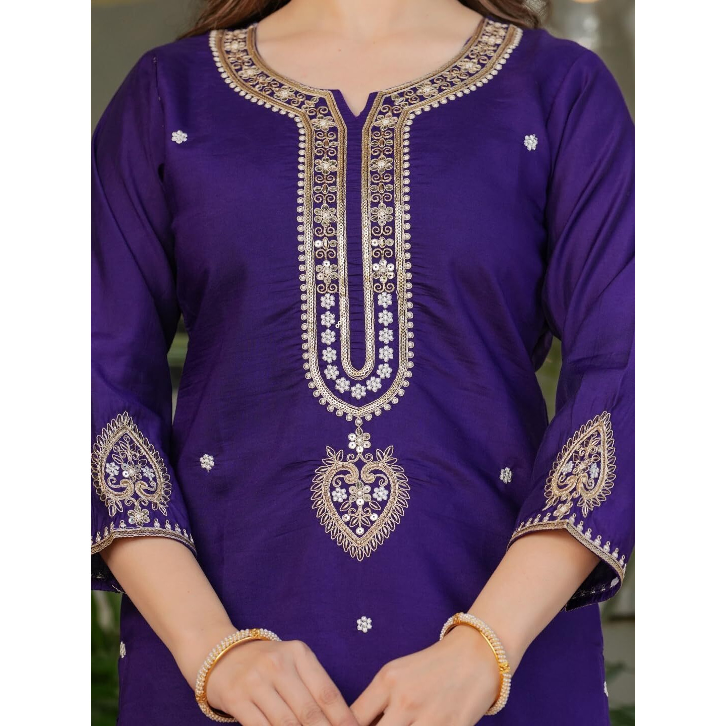 Navlik Women's Off White Chanderi Viscose Embroidered Straight Kurta with Chanderi Viscose Pant and Viscose Jacquard Dyed Dupatta Sets (NK-MV-610) (Size Large, Color Purple)