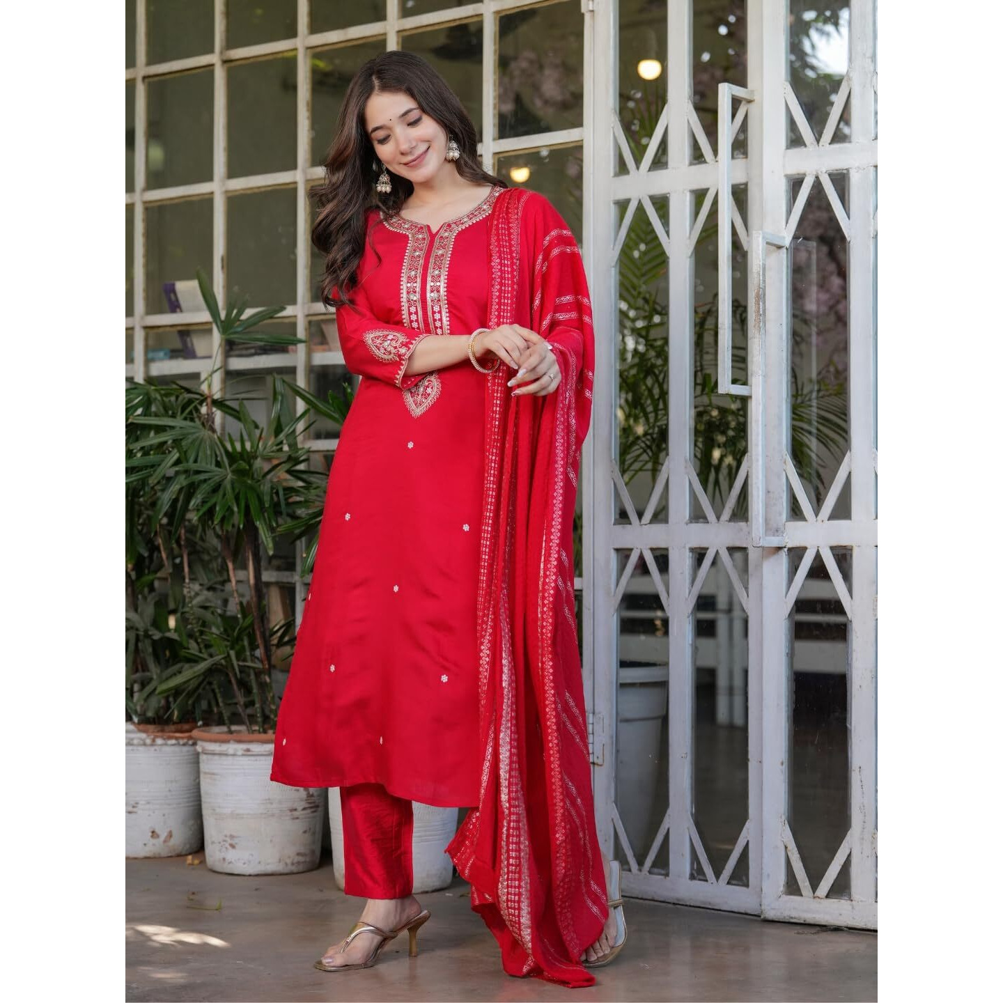 Navlik Women's Off White Chanderi Viscose Embroidered Straight Kurta with Chanderi Viscose Pant and Viscose Jacquard Dyed Dupatta Sets (NK-MV-610) (Size Large, Color Red)
