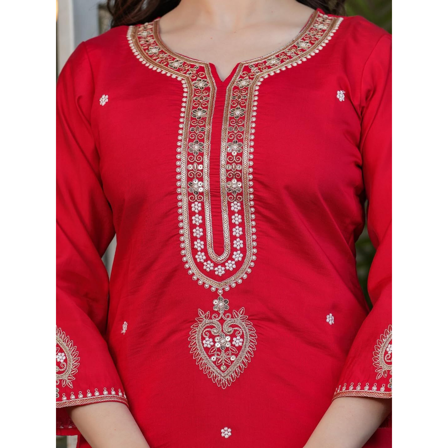 Navlik Women's Off White Chanderi Viscose Embroidered Straight Kurta with Chanderi Viscose Pant and Viscose Jacquard Dyed Dupatta Sets (NK-MV-610) (Size Large, Color Red)