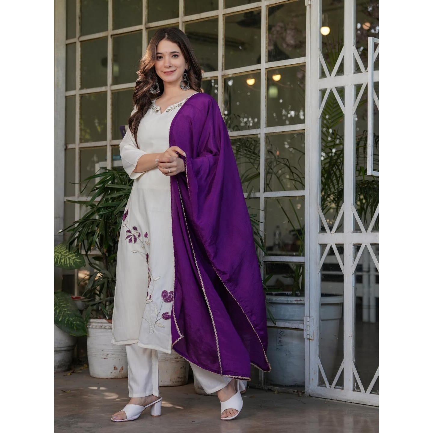 Navlik Women's Viscose Rayon Embroidered and Printed Straight Kurta with Pant And Dupatta Sets (MV-611) (Size Small, Color Offwhite)