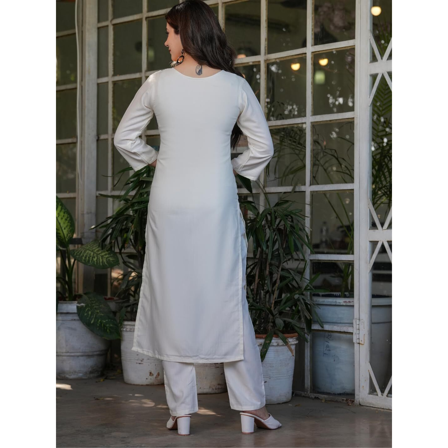 Navlik Women's Viscose Rayon Embroidered and Printed Straight Kurta with Pant And Dupatta Sets (MV-611) (Size Small, Color Offwhite)