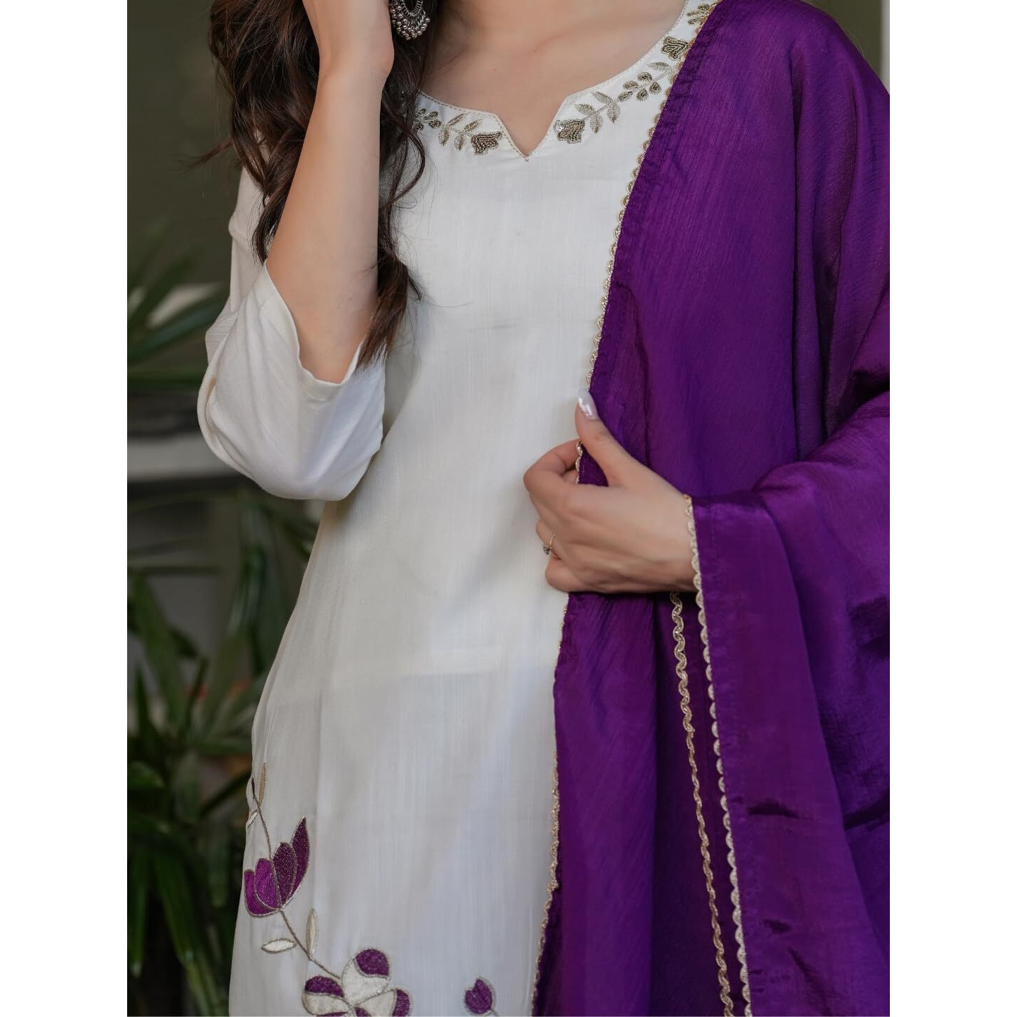 Navlik Women's Viscose Rayon Embroidered and Printed Straight Kurta with Pant And Dupatta Sets (MV-611) (Size Small, Color Offwhite)