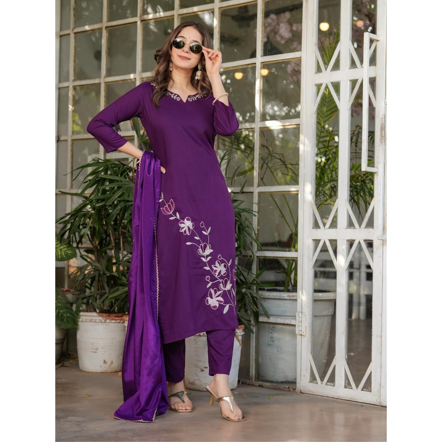 Navlik Women's Viscose Rayon Embroidered and Printed Straight Kurta with Pant And Dupatta Sets (MV-611) (Size Large, Color Wine)