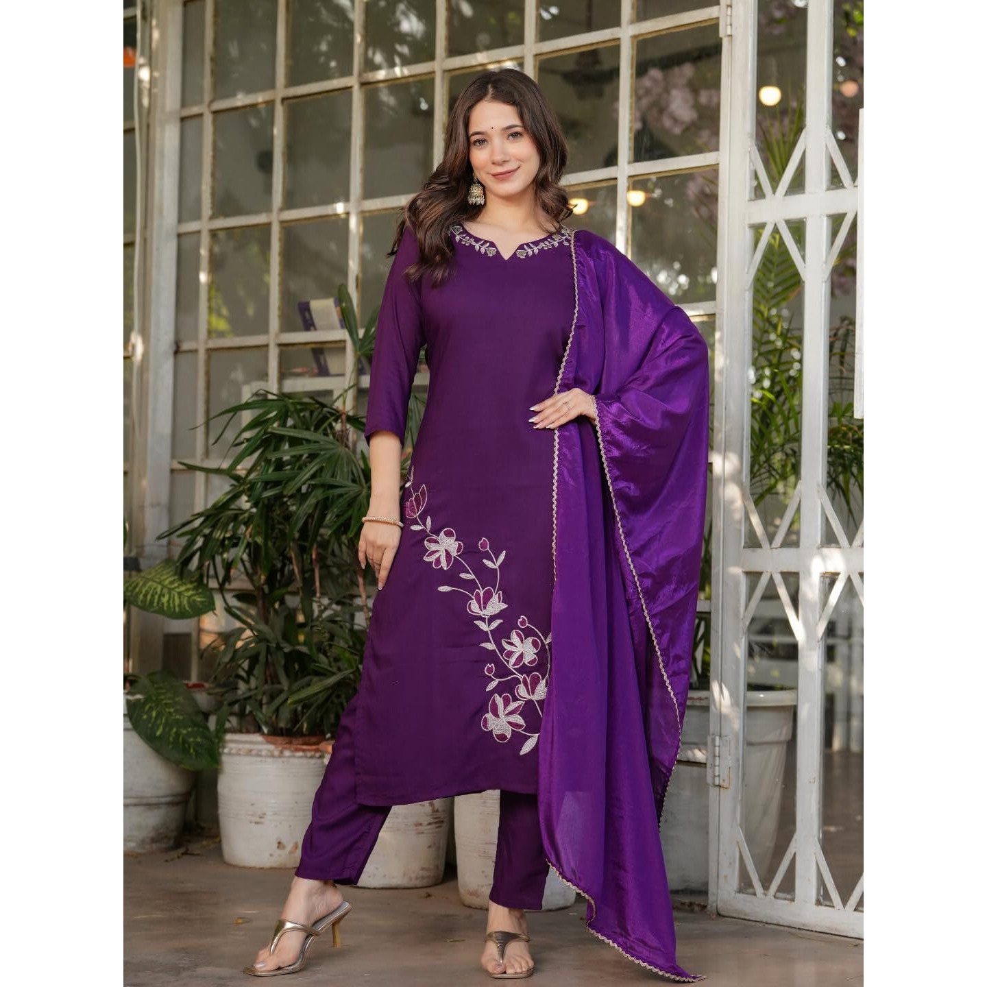 Navlik Women's Viscose Rayon Embroidered and Printed Straight Kurta with Pant And Dupatta Sets (MV-611) (Size Small, Color Wine)