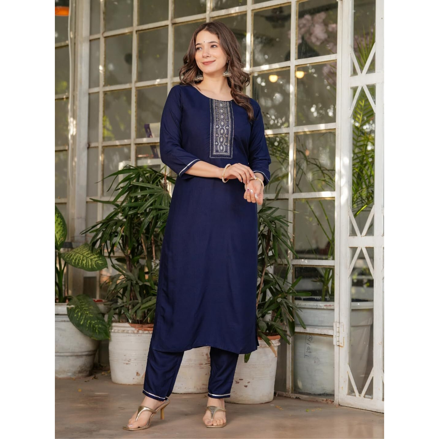 Navlik Women's Rayon Embroidered Straight Kurta with Pant And Dupatta Sets (MV-612) (Size XX-Large, Color Navy)