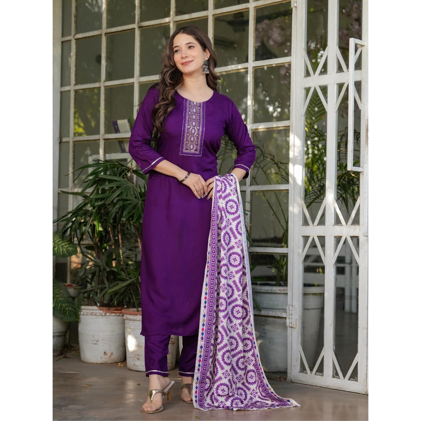 Navlik Women's Rayon Embroidered Straight Kurta with Pant And Dupatta Sets (MV-612) (Size XX-Large, Color Wine)